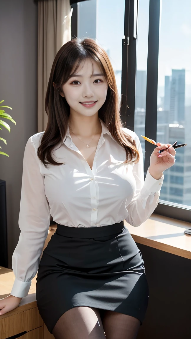 Highest Resolution, 4K, masterpiece: 1.3), Japanese Mature, A photo of a woman, sexy: 1.1, Fine Eyes, Slim figure, Realistic teeth, double eyelid, whole body, highest quality, detailed, business suit, At the office, sexyポーズ, mini skirt、１girl、smile、