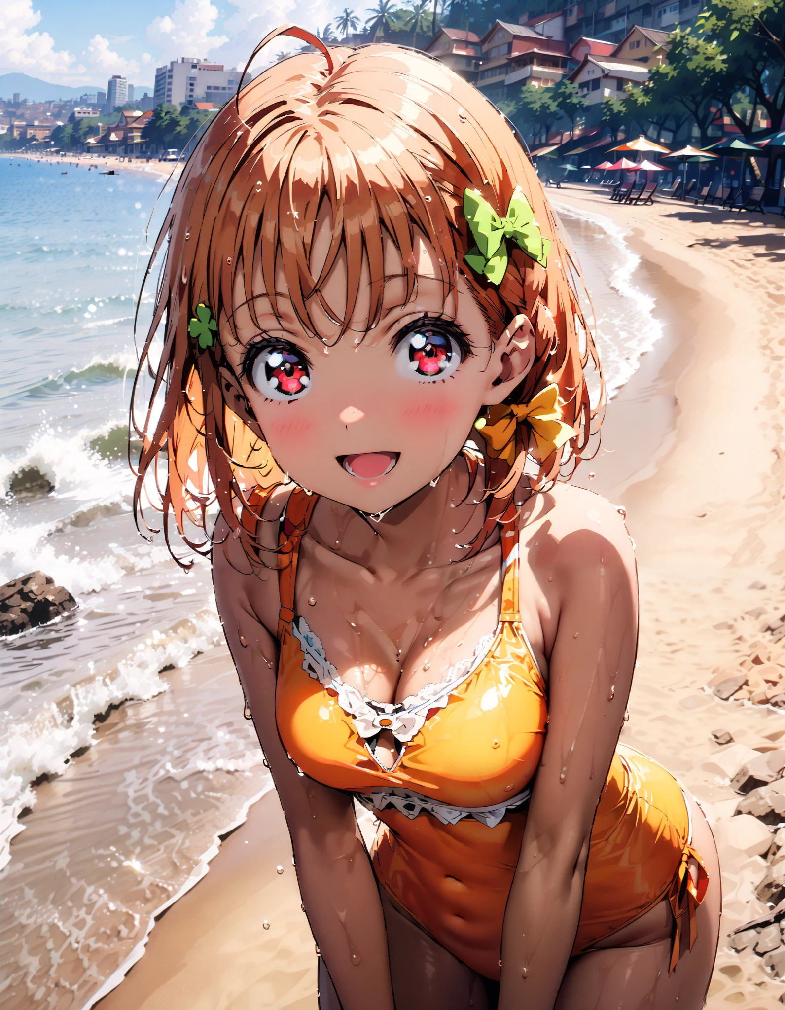 Takami Chika, Alone, short hair, Hair Ornament, red eyes , bow, braided, stupid hair, hair bow, orange hair, side single braided, yellow bow, clover Hair Ornament, orange string bikini swimsuit,Medium breast,Bare legs, tan, brown skin,Brown color,smile,blush, open your mouth, are standing, wet skin, wet swimsuit , wet hair,whole bodyがイラストに入るように, break outdoors, beach,
break looking at viewer,whole body,
break ( Masterpiece:1.2), highest quality , kampala, Unity 8k Wallpaper,(shape:0.8),( fine, beautiful eyes :1.6),It's a person ,whole body写真,CG Details , ( perfect hands, Complete Anatomy),
