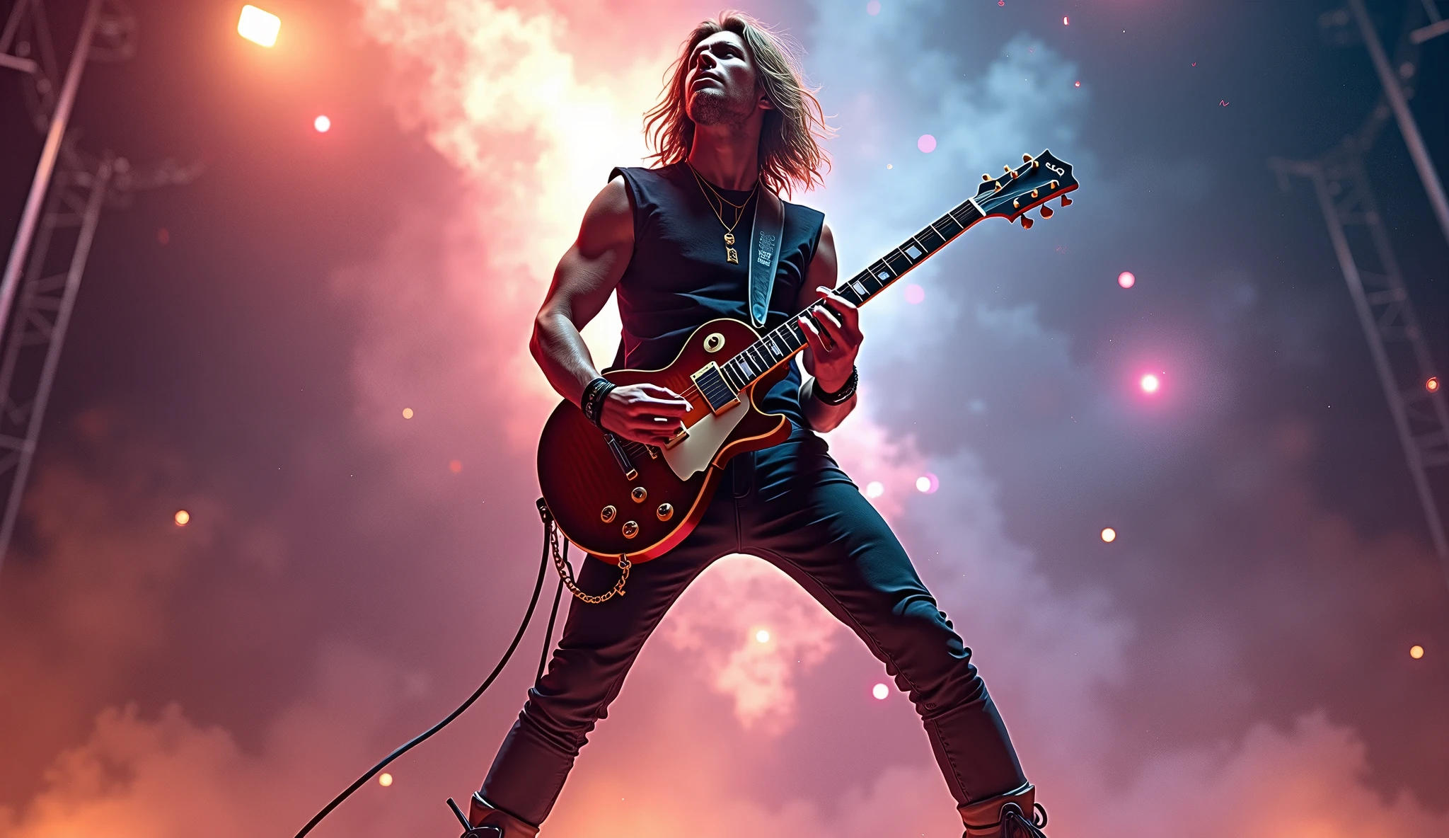 A young male rocker with long hair, standing confidently and playing an electric guitar. he’s wearing stylish boots and has a fierce, intense expression, embodying the energy of a true rock star. The background is a stunning cosmic scene, filled with vibrant galaxies, stars, and nebulae, creating a feeling of boundless energy and adventure. The lighting reflects the cosmic glow, casting an ethereal aura around her as she performs. High detail, epic, cinematic
