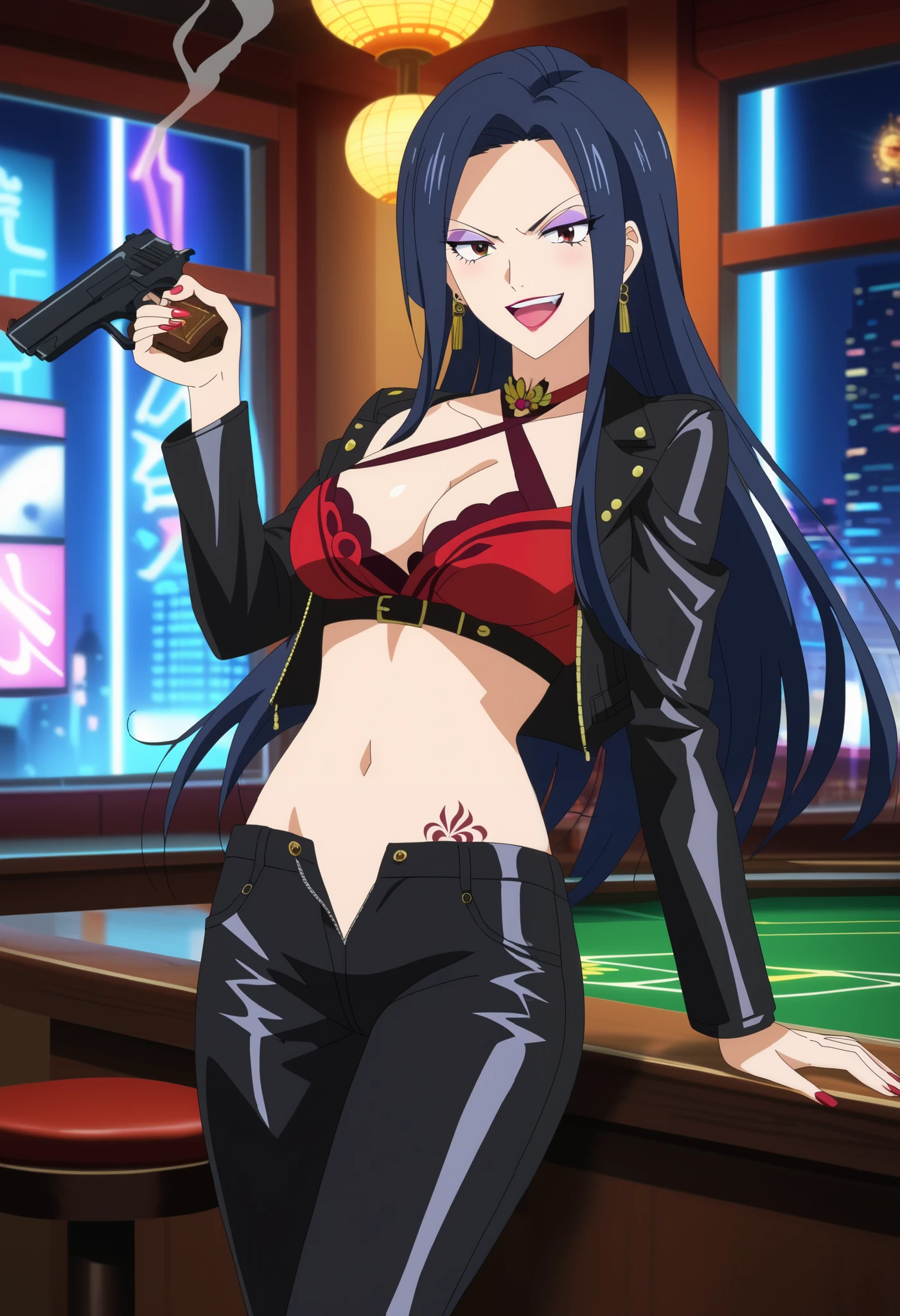 score_6_up, score_5_up, score_4_up, score_9, score_8_up, score_7_up, highly detailed, anime_source, anime_screencap, anime coloring, 1girl, solo, breasts, black hair, long hair, straight hair,  brown eyes, jewelry, makeup, lipstick, eyeshadow, kurenai_kogetsu, , ear piercing, long hair, blush, lipstick,Hot girl, baddie, smoking, sensual, attractive ,bar
background, inside bar,indoors, cityscape, casino, nightclub, city lights, masterpiece, best quality, highly detailed, a girls with a gun, evil smile , open mouth, sexy gaze, badass
pose , evil smile, smile, (nsfw) not safe for work, guns blazing, anime girl with long hair, beautiful long
haired girl, navel, evil expression, exposed belly, exposed navel, exposed midriff, exposed lower belly,
long black pants, crop top, cleavage, unbuttoned leather pants ,open fly, low rise black leather pants,
leather jacket, holding a gun, holding pistol,pussy , nipple slip, criss-cross halter , dragon tattoo, narrowed eyes, tattoo midriff,