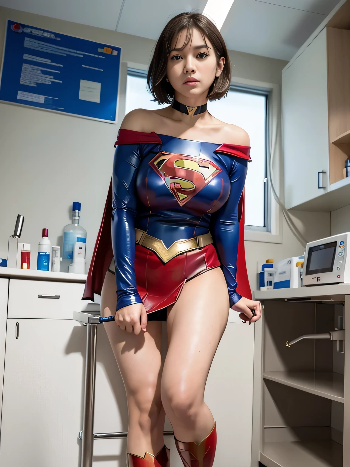 ​masterpiece,Short-haired supergirl spreading her thighs on a hospital operating table、large full breasts、Looking at the camera、Glossy enamel costume、Glossy red enamel long boots、Shiny red skirt、a choker、Glimpse、Fluttering cloak、seduces、sexypose、