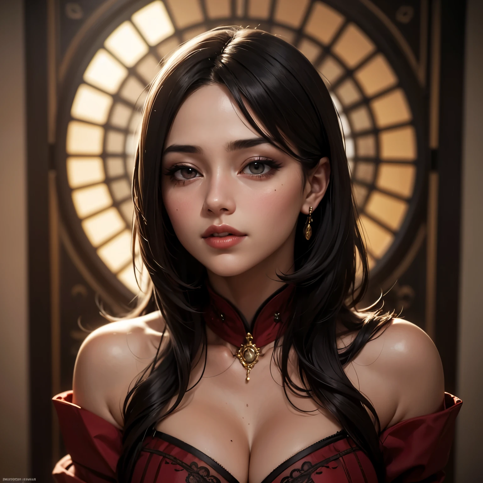 a beautiful woman in her prime wearing a red pvc corset lingerie, hijab, posing for a picture in an elegant coffee shop, excited expression, detailed facial features, intricate patterns on the lingerie, shiny materials, high quality lighting, photorealistic, 8k, ultra-detailed