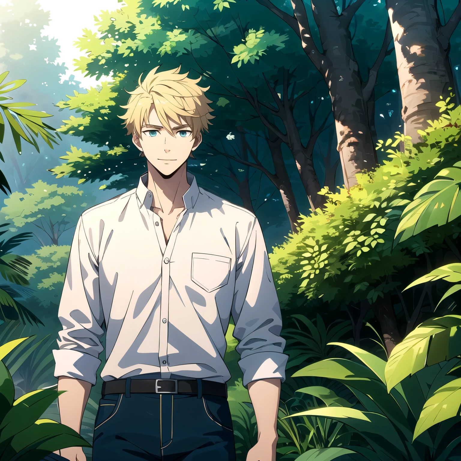 a handsome young man in his 20s. Blond hair , green eyes, light smile , white shirt and blue pants. a 20-year-old young man is in the middle of a jungle . he is alone . lonely boy.