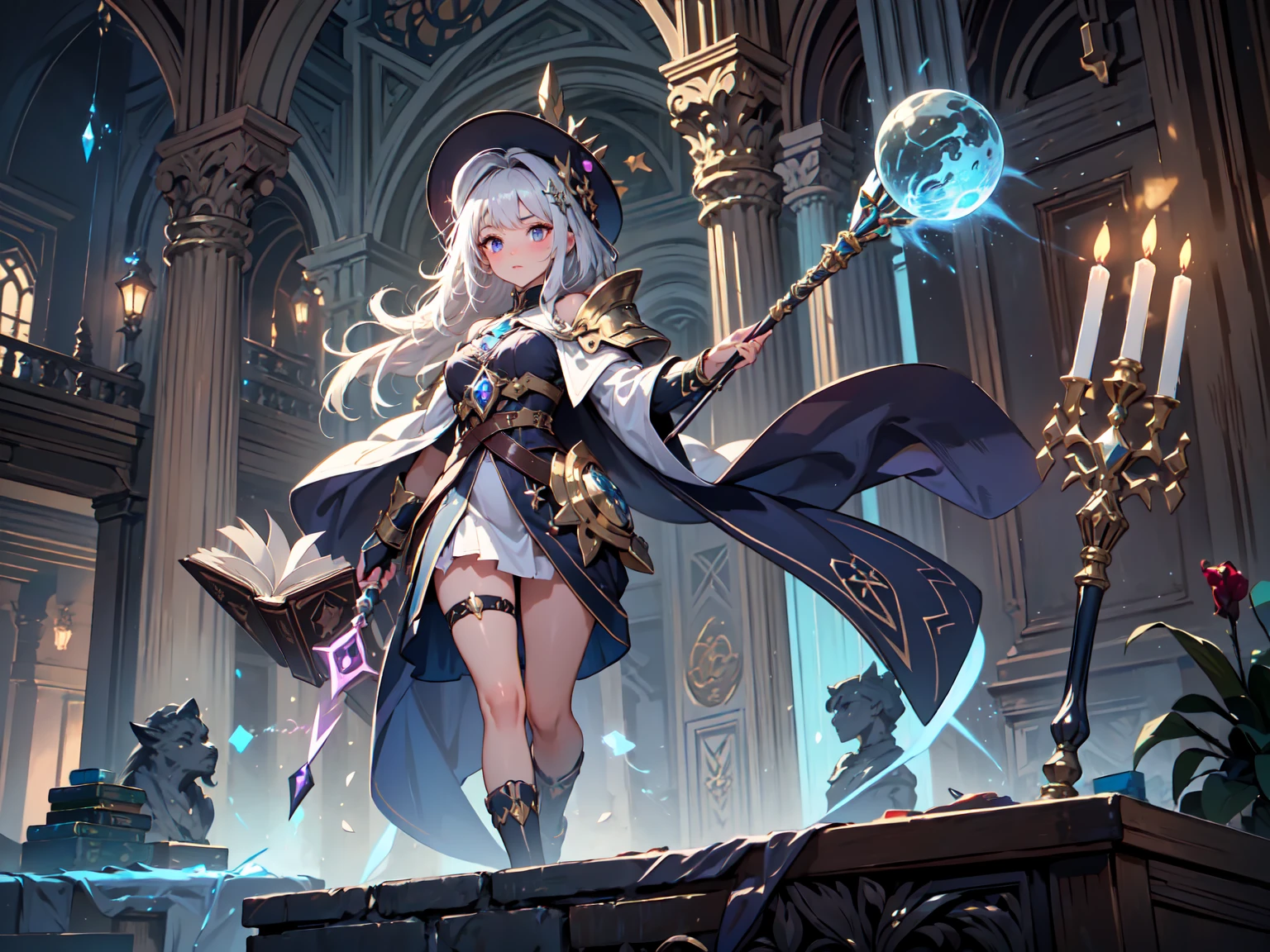(masterpiece, best quality, extremely detailed CG, beautiful detailed eyes, ultra-detailed, intricate details:1.2), 8k wallpaper, elaborate features,
(1girl, solo:1.4),  long hair, streaked hair, elf,halo,  looking at viewer,  blue eyes, earring,   panties, ankle bracelets,  large breasts, arcane, necklace,wand, 
 blue flame, feathers, bird,magic surrounds,magic rod, magic ball, book,pages flying all over the sky,magic circle,incantation, night, dark