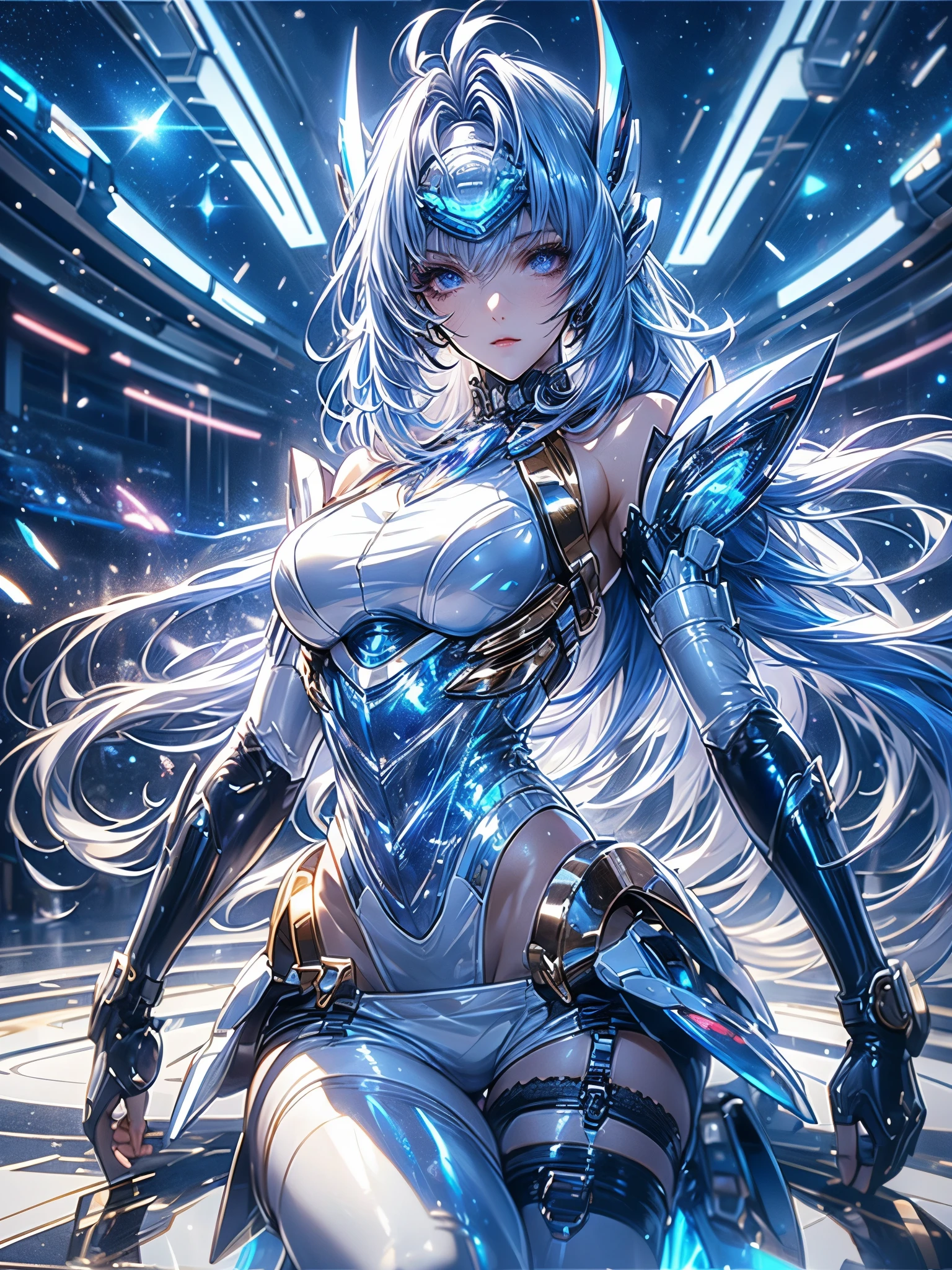 Full body KOS-MOS , (( holographic glossy effect)), score_9, score_8_Excellent, score_7_Excellent, 32K ,Detailed Depiction 、(( highly detailed CG integration ), CGSoation Trends、 Super Real,( Dynamic Wide Full Body Shots:1.1, Ankles in frame:1.1), ( action pose), highly detailed face 、Bluish purple hair、 straight hair, SHINY AND CLEAN HAIR 、 White Shiny Skin 、 sexy cyberpunk girl 、 fiberglass 、Light emitting tube、(( Dark blue eyes :1.4, Clear Eyes, A board with detailed eyes , beautiful eyelashes ))、Neon Details、 Mechanical Hands 、 Mechanical spine attached to the back 、mechanical neck worn around the neck 、 head 、white latex hi-leg leotard(( Valkyrie ))、 high heels,(( Dramatic Graphic Backdrop :(( Mirrored Floor ))、blue moon object 、light vortex、Starry Sky ,) ),(( highest quality)),( ultra high resolution),( super detailed)