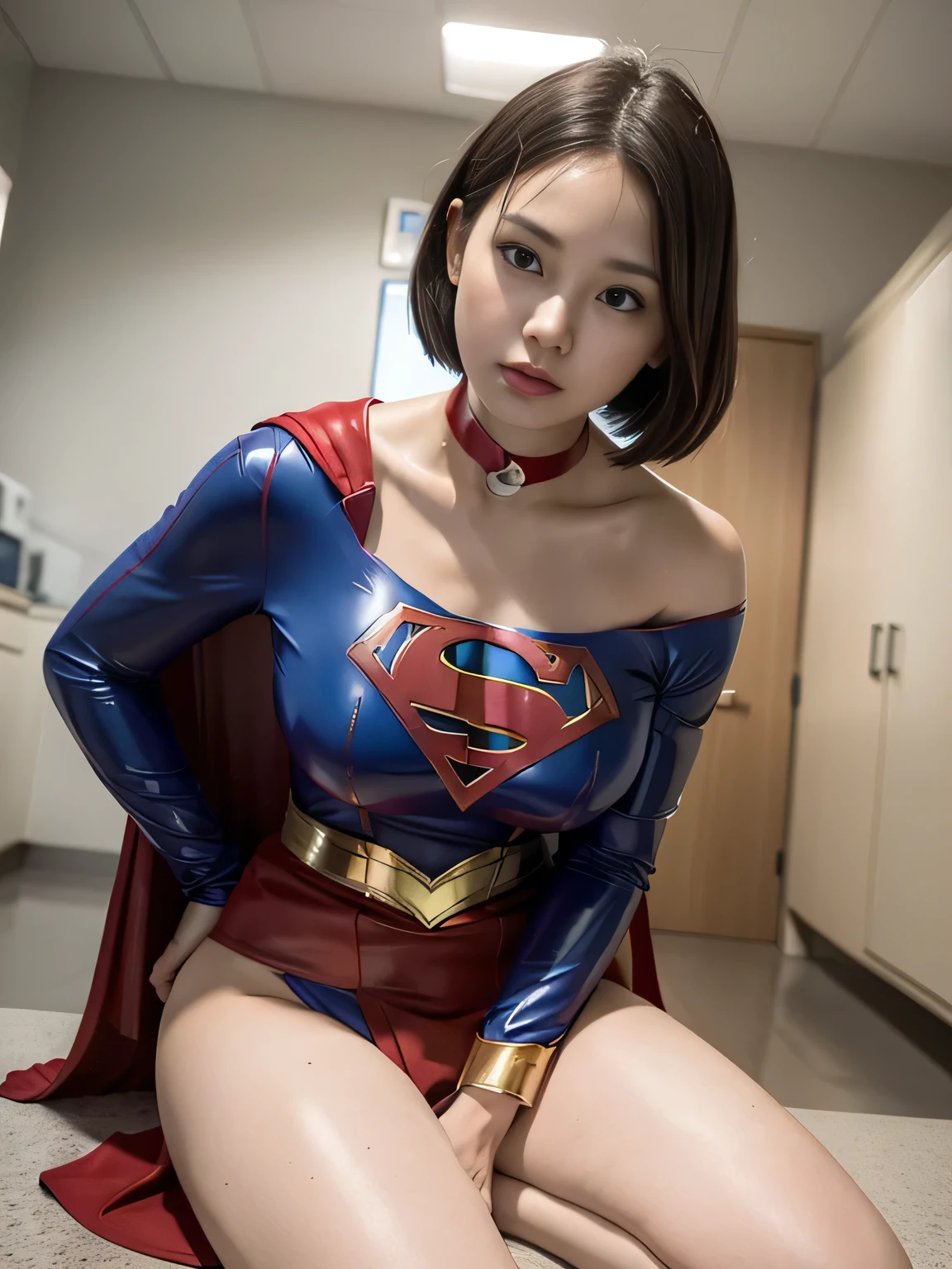 ​masterpiece,Supergirl Costume, short-hair, bare-legged, large full breasts,surgery room、Operating table、straddle、depraved、shiny、Looking at the camera、Provocation