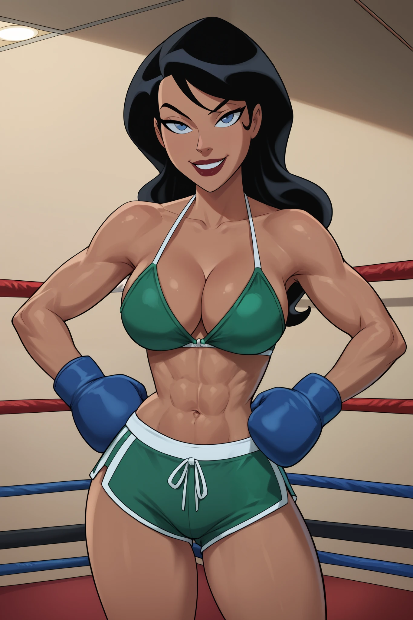 PonyXLV6_Scores BREAK ((parody) perfect anatomy, perfect eyes, cowboy shot), BREAK zatanna zatara, long hair, black hair, dark-skinned female, blue eyes, lipstick, flirting, raised eyebrow, half-closed eyes, ((looking at viewer)), long hair, emerald greenboxing shorts, large breasts, curvy, toned, athletic, sitting in corner, gym, boxing ring, emerald green boxing gloves, indoors, emerald green bikini top, muscles, smiling, hands on hips