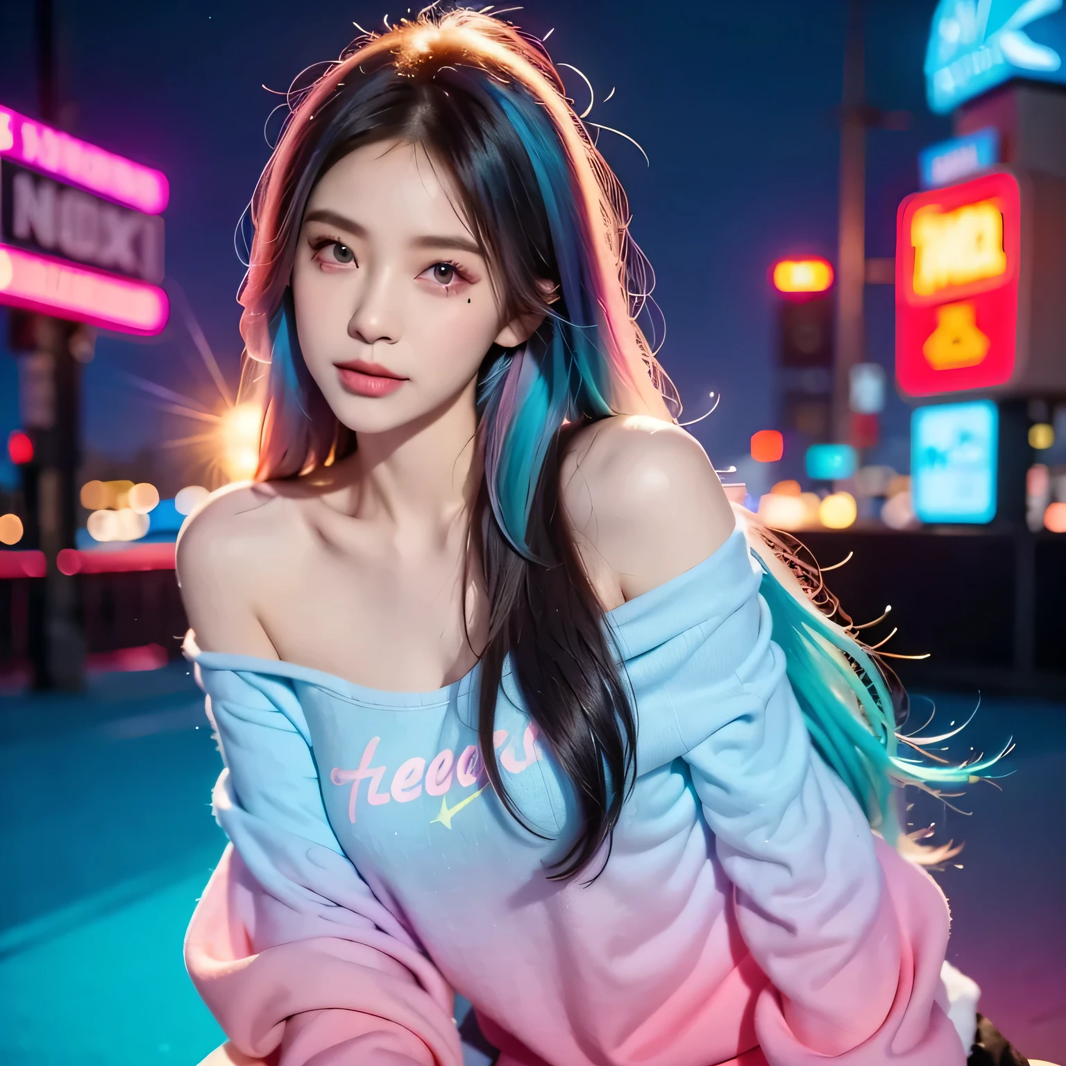 dark hair , Hair shaking, victory, Long eyelashes, Solid round eye, if you have a smile , red ears , direction, Super-Reality, milk, relief, Take off your stereogram , Single photo, view, atmospheric perspective, 8,000, Super Details, accurate, highest quality,( masterpiece), highest quality, ultra high resolution,, cyberpunk, 1 girl working part-time, Stunning Cityscapes , hoodie, blue hair, Very long hair, Off Shoulder, Feather hair accessories, (Stunning cityscapes with gradient neon colors :1.5), flash, movie lighting, Reality, realistic skin , HDR, Fisheye
