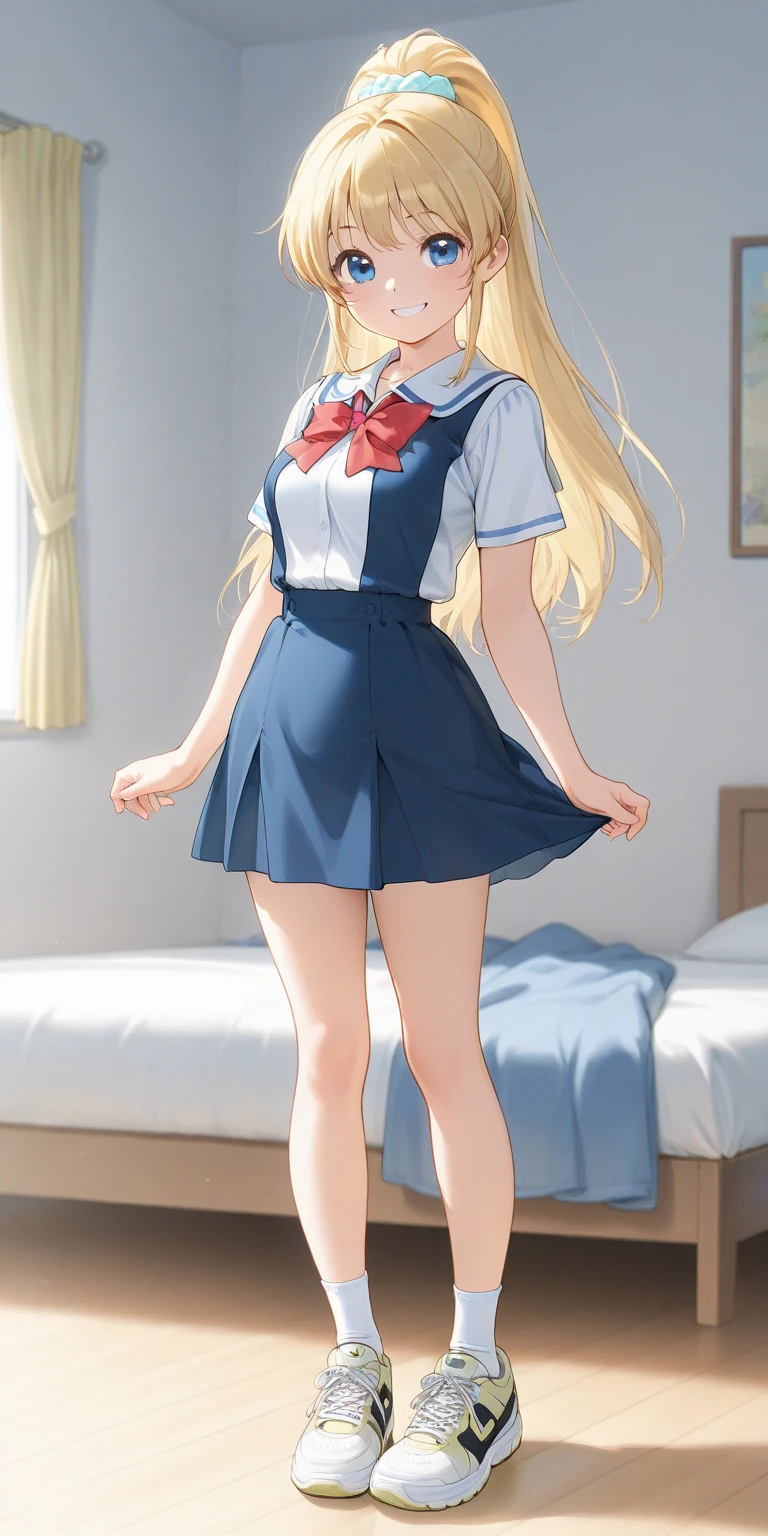 masterpiece,best quality, Volumetric Lighting, Best Shadows,Portrait Of Stunningly Beautiful Girl, full body, 1girls,loli,Petit,flat_chest, Her panties are showing, ((panty shot)), (baggy serafuku), too-big serafuku, oversize Navy_blue serafuku with long sleeves, (checked cotton panties), long blonde hair, wavy hair, navy blue socks