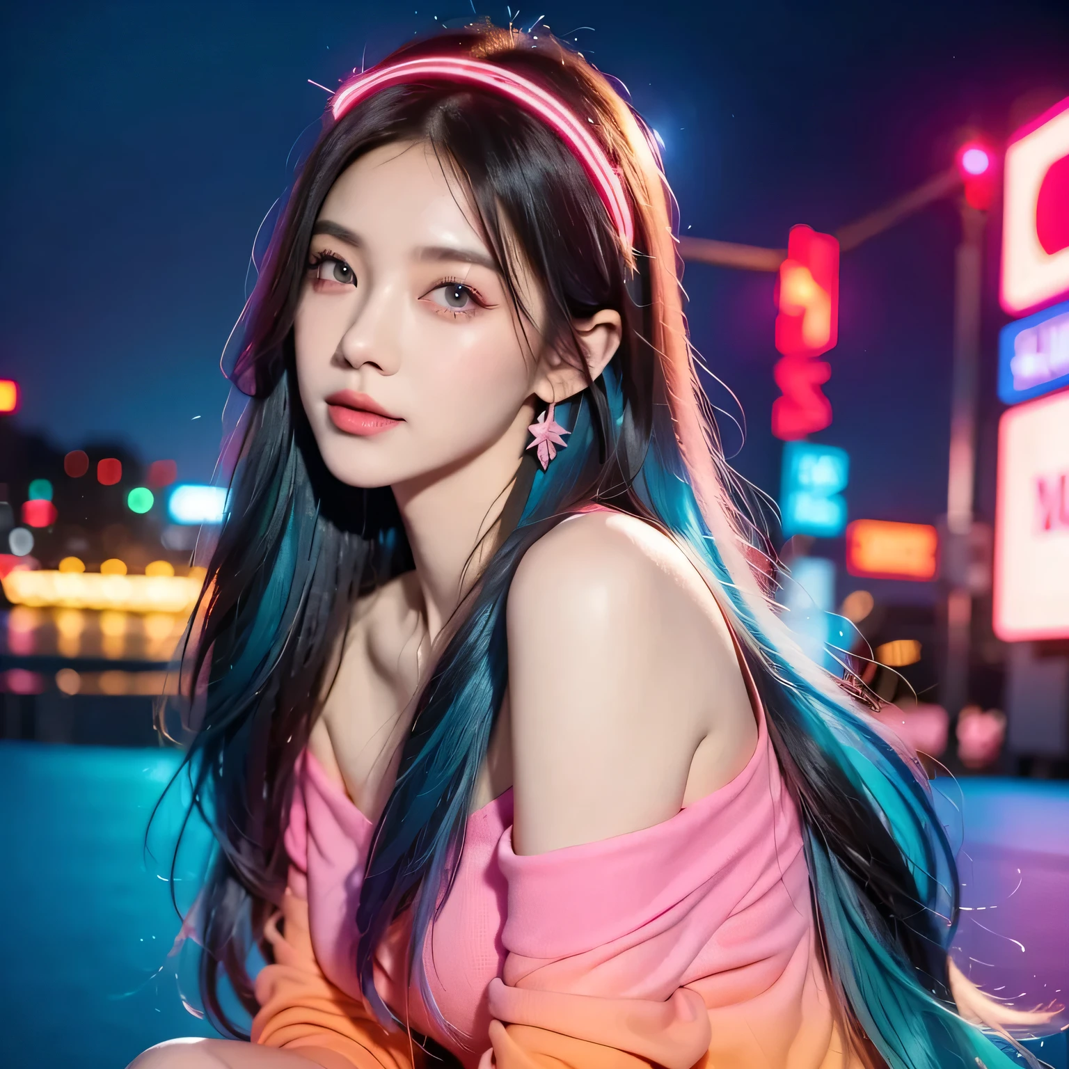  dark hair , Hair shaking, victory, Long eyelashes, Solid round eye,  if you have a smile ,  red ears , direction, Super-Reality,  milk, relief, Take off your stereogram , Single photo, view,  atmospheric perspective,  8,000,  Super Details,  accurate,  highest quality，( masterpiece),  highest quality,  ultra high resolution,,   cyberpunk,  1 girl working part-time,  Stunning Cityscapes  , hoodie, blue hair,   Very long hair, Off Shoulder, Feather hair accessories, (Stunning cityscapes with gradient neon colors :1.5), flash,  movie lighting, Reality,  realistic skin , HDR,  Fisheye