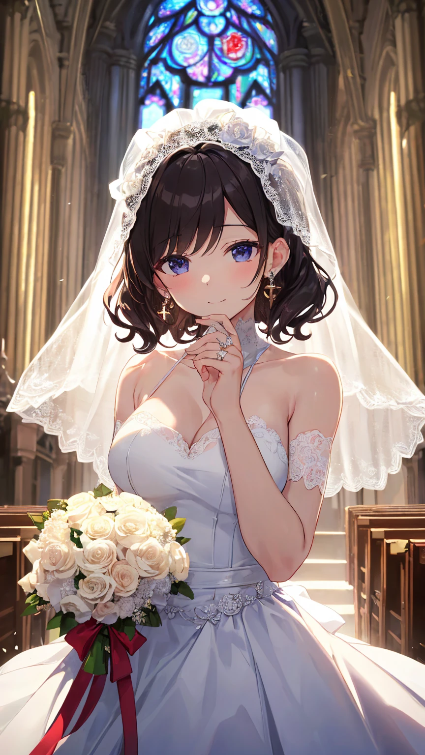 (masterpiece:1.2, top quality, ultra high resolution, Super detailed), (actual, photoactual:1.4), Beautiful illustration, (natural side lighting, movie lighting), depth of field,
looking at the audience, Half-length photo, 1 girl, , perfect face, (perfect anatomy), cute symmetrical face, baby face, shiny skin,
(short hair:1.5, half bun:1.5, brown hair), hair between eyes, blue eyes, pink lips, Eyelash extension tool, (Big breasts:1.3),
beautiful hair, pretty face, Beautiful and delicate eyes, Beautiful collarbone, Beautiful body, Beautiful, beautiful thighs, beautiful legs, beautiful fingers,
Detailed cloth texture, wedding princess dress, Head flower, headgear, (bandeau wedding dress:1.5), (Silk dress:1.2), (strapless wedding dress:1.5),
pure white dress, necklace, earrings, split, bouquet, (lace gloves:1.2), (wedding veil:1.2),(Transparent short veil:1.2),
(Beautiful scenery), night, (garden, Cherry blossoms, outside the church) permanent, (a happy expression, blush),