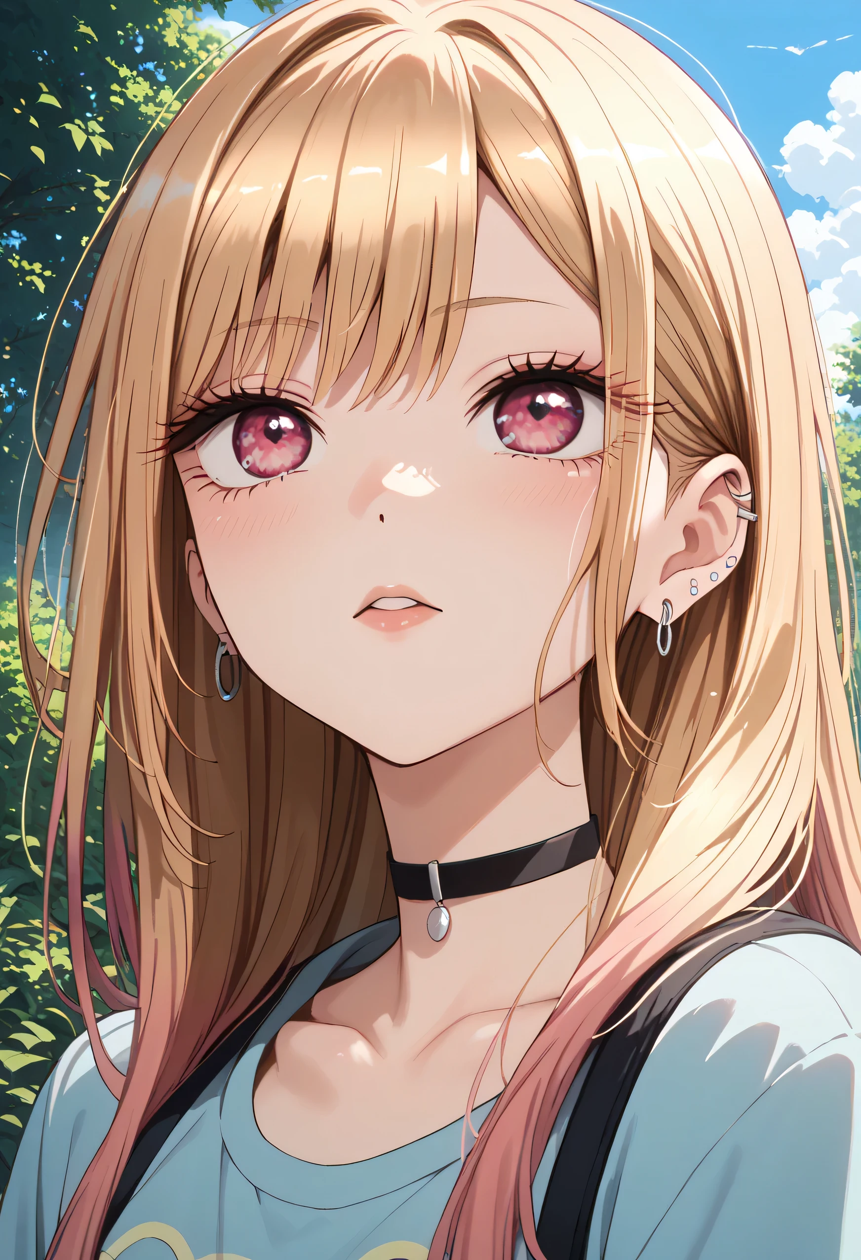 KJOmarin, 1girl, absurdres, bangs, pink eyes, blonde hair, earrings, ear piercing, black choker, day, highres, long hair, multicolored hair, looking up, outdoors, portrait, solo, upper body