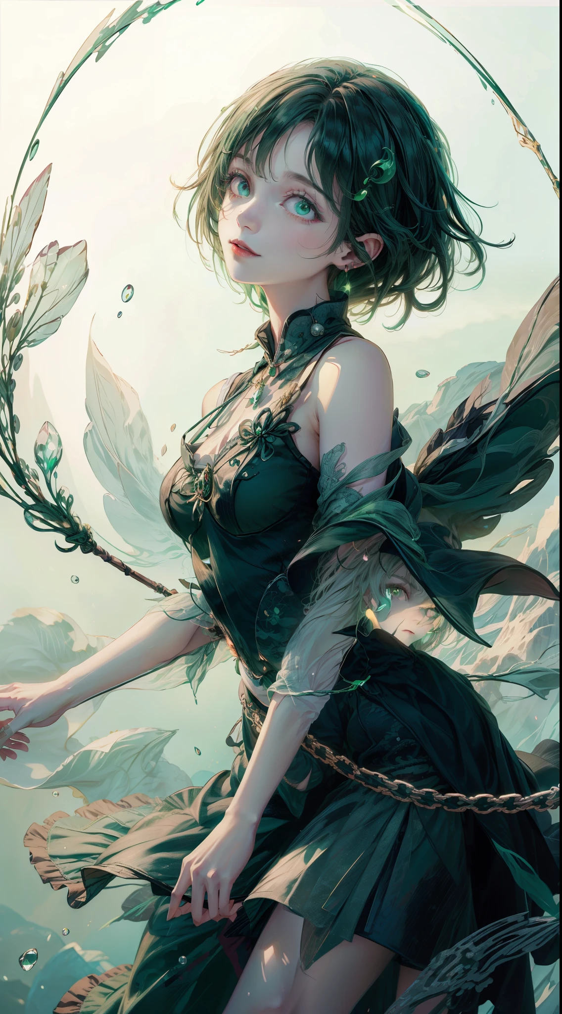 Masterpiece, highest quality, in the seat, witch, (((witch's hat))), Magical Girl,Green clothes, Green messy hair, GREEN GLOWING EYES , white skin, slender, Magic Wand, mischievous smile, high fantasy, dreamy digital painting, magical color and atmosphere,Soft light, fantasy art , small breasts,((Glancing sideways)),,short, Wind Spirit,Green light