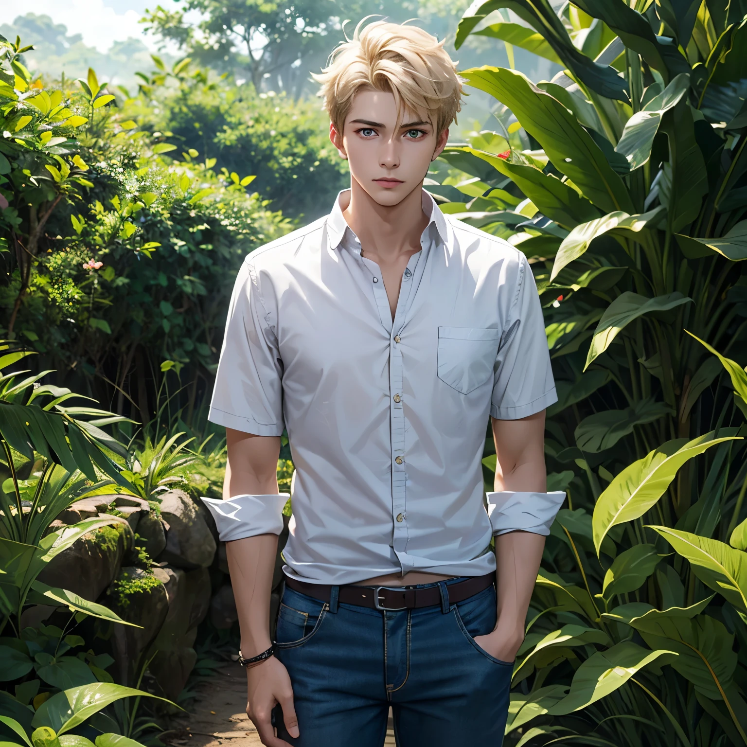 a handsome young man in his 20s. Blond hair , green eyes, white shirt and blue pants. a 20-year-old young man is in the middle of a jungle . he is alone . lonely boy.