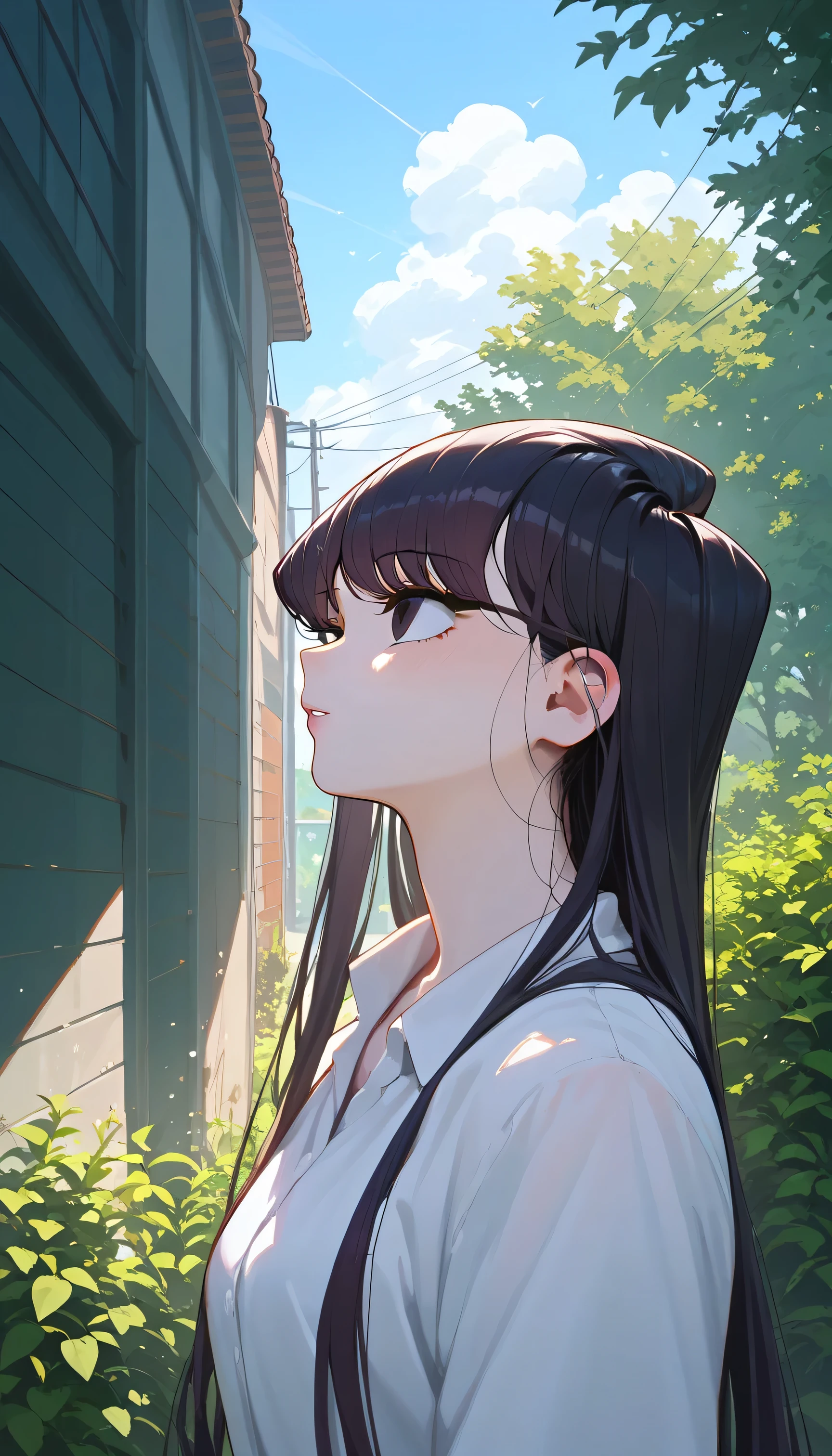 komi shouko, 1girl, absurdres, bangs, black eyes, black hair, day, highres, komi-san wa komyushou desu, long hair, looking up, outdoors, portrait, solo, upper body