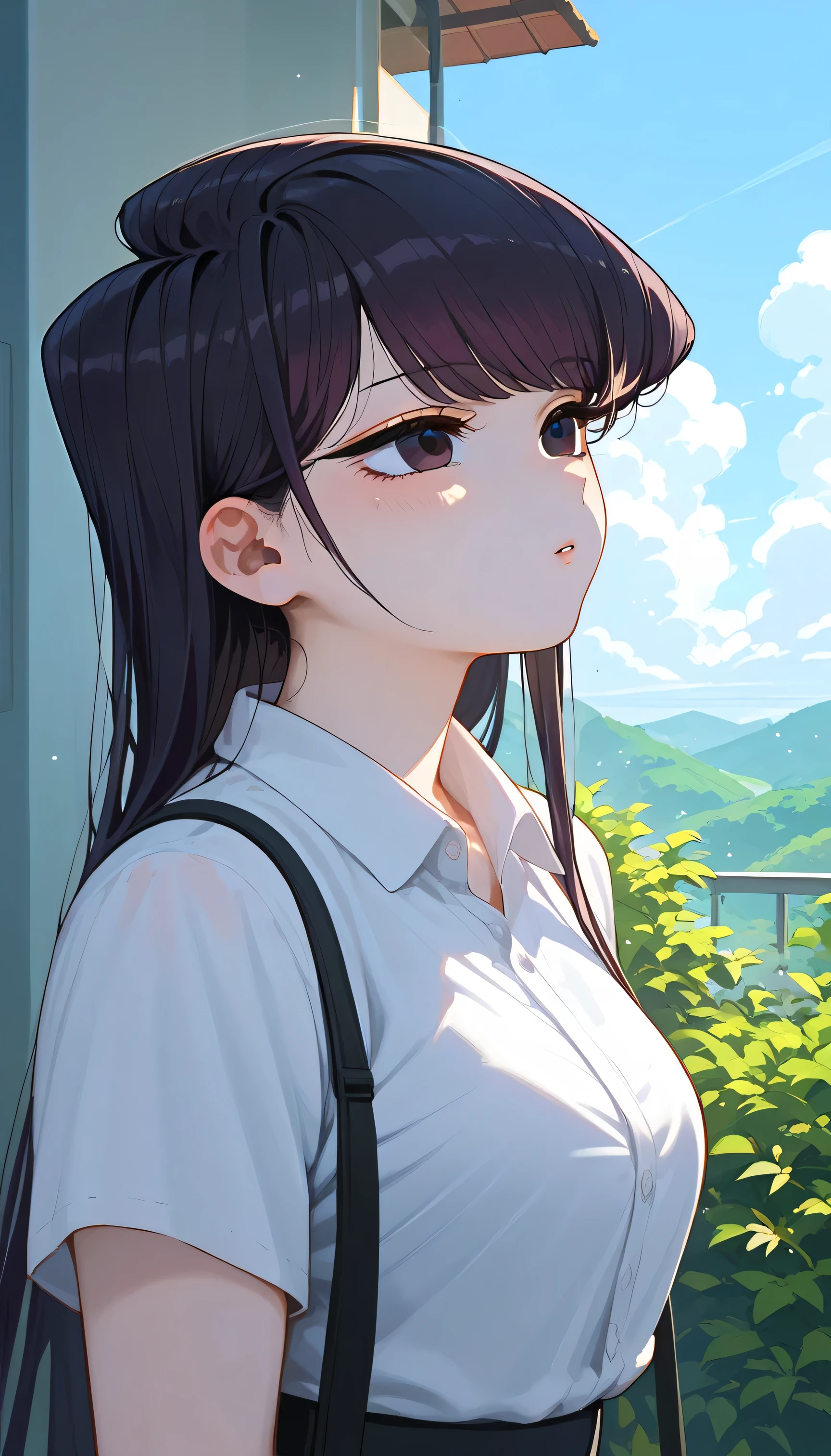 komi shouko, 1girl, absurdres, bangs, black eyes, black hair, day, highres, komi-san wa komyushou desu, long hair, looking up, outdoors, portrait, solo, upper body