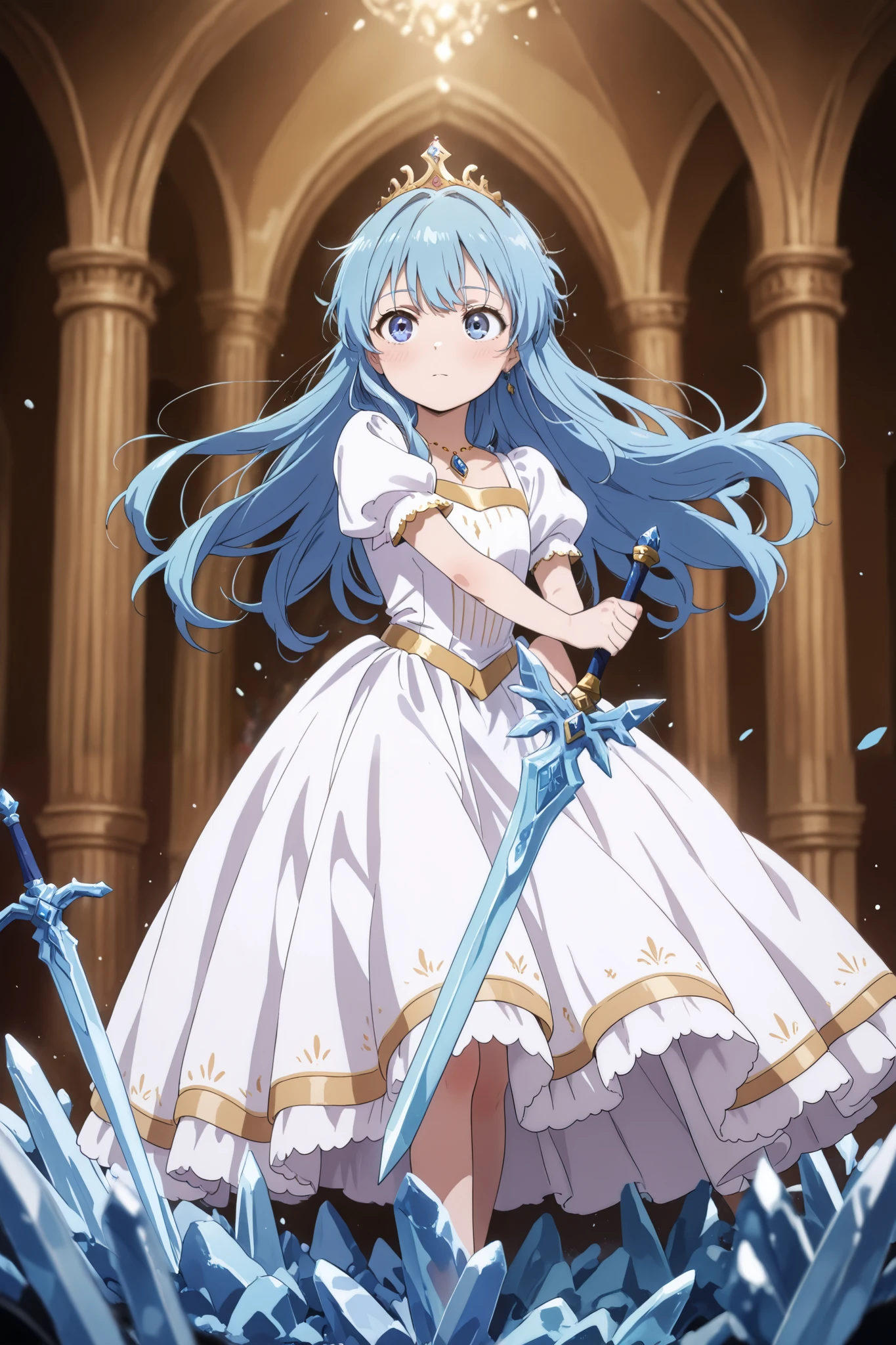 young girl alone , blue hair, princess, white dress , ice sword, dancing of sword,in field 