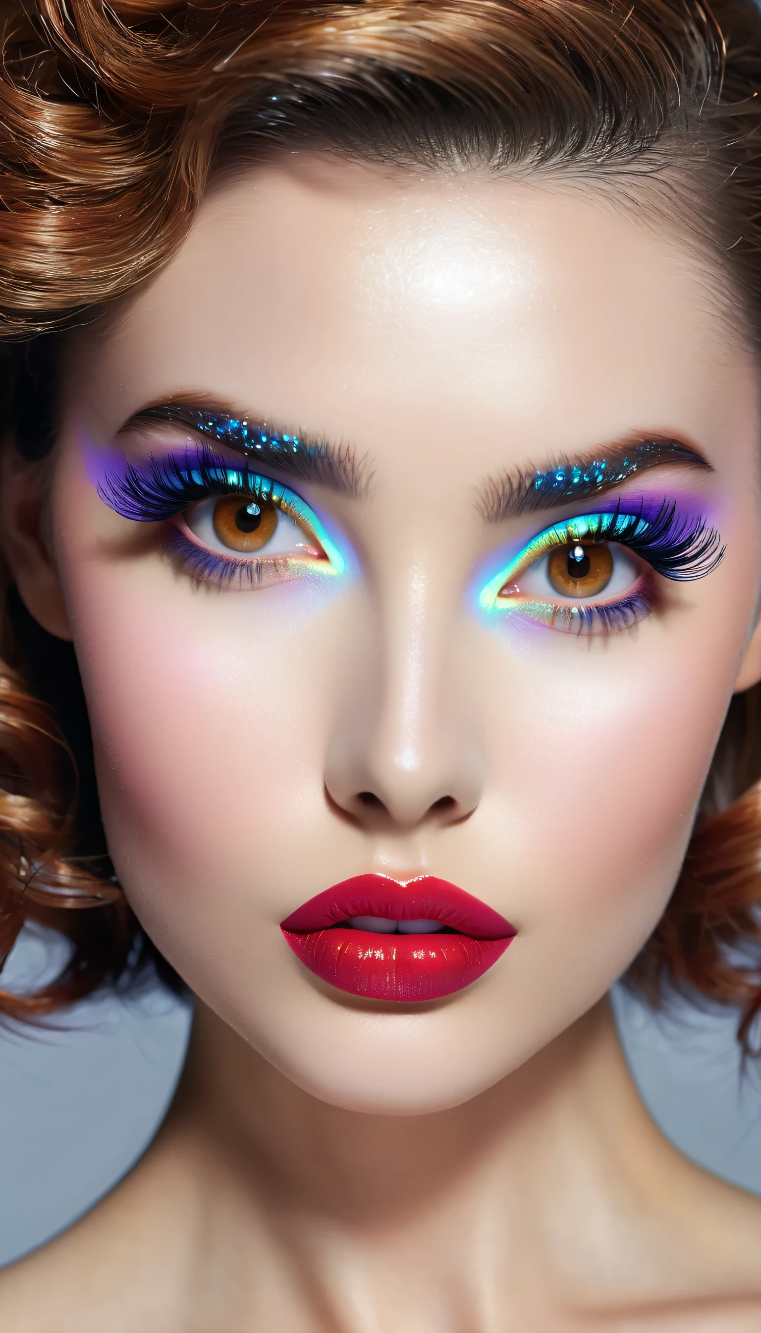 photorealistic Realism 8K, 16K Quality, ((sharp focus, not blurry, high resolution, absurd quality, Realistic brown_eyes:1.4), intricately detailed:1.3), ((extremely fine details eyes)), ((extra narrow eyebrows)), (Carefully draw Long blue_eyelashes:1.2), (perfect round eyes:1.3), (finely detailed pupils:1.3, (extremely fine details pupils:1.3)), ((extremely fine details iris of the eyes:1.4)), (Shining, mesmerizing, Vibrant eyes:1.2), (professional makeup:1.4), ((perfect dark_eyeshadows:1.45)), detailed lips:1.3, (apply glossy red_lipstick:1.3), (pink_makeup:1.28), (super Detailed, beautiful little nose), (perfect composition), Depth of field, cinematic light, Lens flare, (Detailed nose:1.2), Intricate detail face, best high quality real texture skin, (A woman with velvety skin), ((best high quality real texture hair)), (short blonde hair, (wavy, combed up, behind the ear), extremely detailed)), photo of the most beautiful artwork in the world, professional majestic (photography by Steve McCurry), 8k uhd, dslr, soft lighting, high quality, Fujifilm XT3 sharp focus, f 5.6, dramatic, (Anatomically correct perfect proportions), ((perfect hands:1.2)), ((perfect female body:1.4)), cute girl, ((firm and full breasts)), ((super beautiful cute sharp-face)), (light pale complexion), transparent color pvc ((full-body shiny latex, full colors Brightly outfit, holograph tight latex:1.24)), (((upper body to the knee: 1.4))),