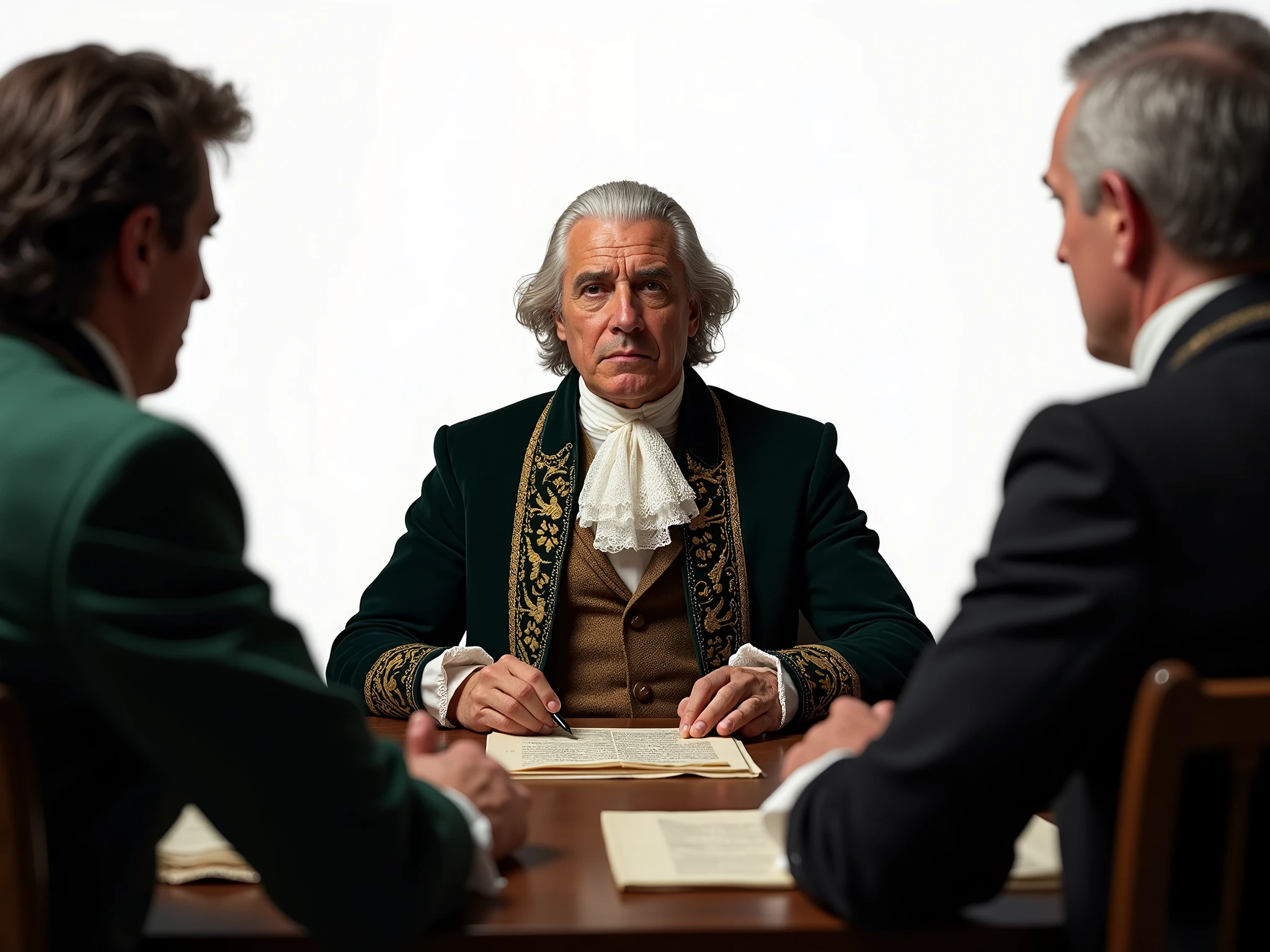 Close up high quality photograph of Mexican diplomat dealing with US diplomats in the 18th century. White background.