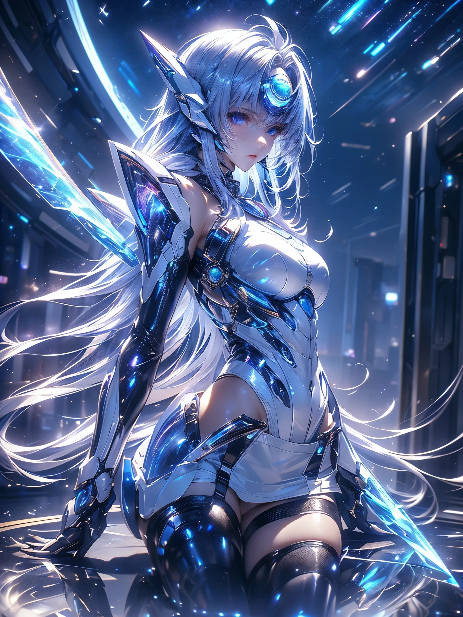 Full body KOS-MOS , (( holographic glossy effect)), score_9, score_8_Excellent, score_7_Excellent, 32K ,Detailed Depiction 、(( highly detailed CG integration ), CGSoation Trends、 Super Real, cowboy shot, , Highly Detailed Face 、Bluish purple hair、 straight hair, SHINY AND CLEAN HAIR 、 White Shiny Skin 、 sexy cyberpunk girl 、 fiberglass 、Light emitting tube、(( Dark blue eyes :1.4, Clear Eyes, A board with detailed eyes , beautiful eyelashes ))、Neon Details、 Mechanical Hands 、 Mechanical spine attached to the back 、mechanical neck worn around the neck 、 head 、white latex hi-leg leotard(( Valkyrie ))、 high heels,(( are standing+Combat Stance)),(( sexy model pose ))、(( Dramatic Graphic Backdrop :(( Mirrored Floor ))、blue moon object 、light vortex、Starry Sky ,) ),(( highest quality)),( ultra high resolution),( super detailed)