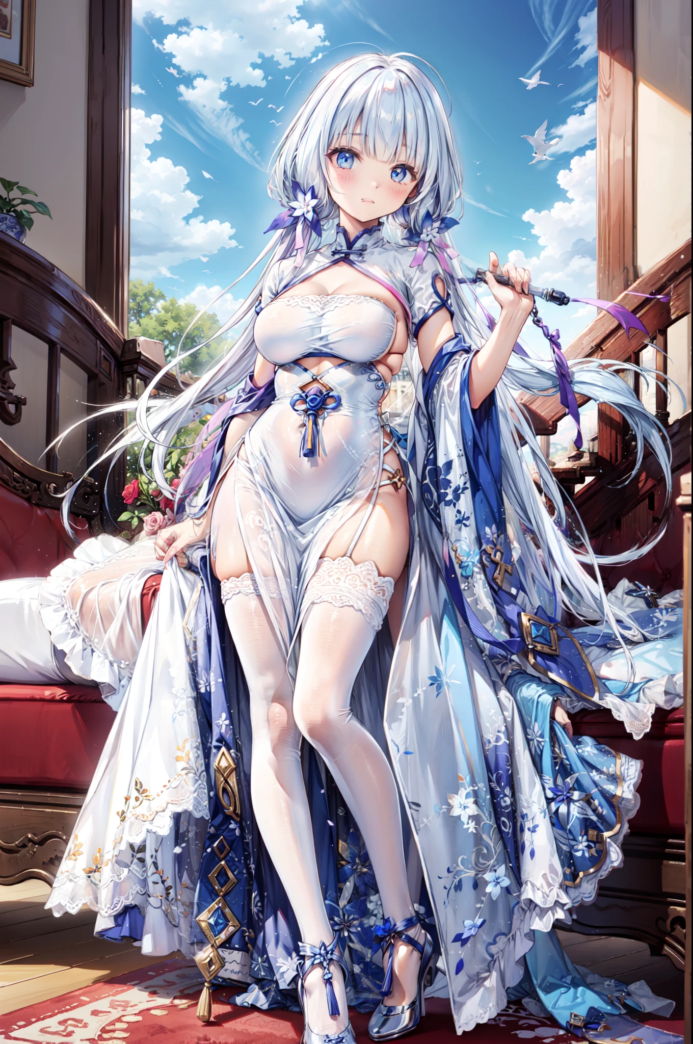 (best quality,4K,8K,high resolution,masterpiece:1.2),Extremely detailed,milf,,magic,enchanting,joy,Divine goddess,magical effect,Silver hair,Blue eyes,Transparent dress,Exquisite decoration,Features of the magical costumes of the heavens，A small amount of sky blue cloth,Exquisite clothing,Layered Skirt,detailed lace,Delicate ruffles,bedroom,Alone,at night,Lace pantyhose,Sacred stripes,Transparent clothing,Jewelry embellishments