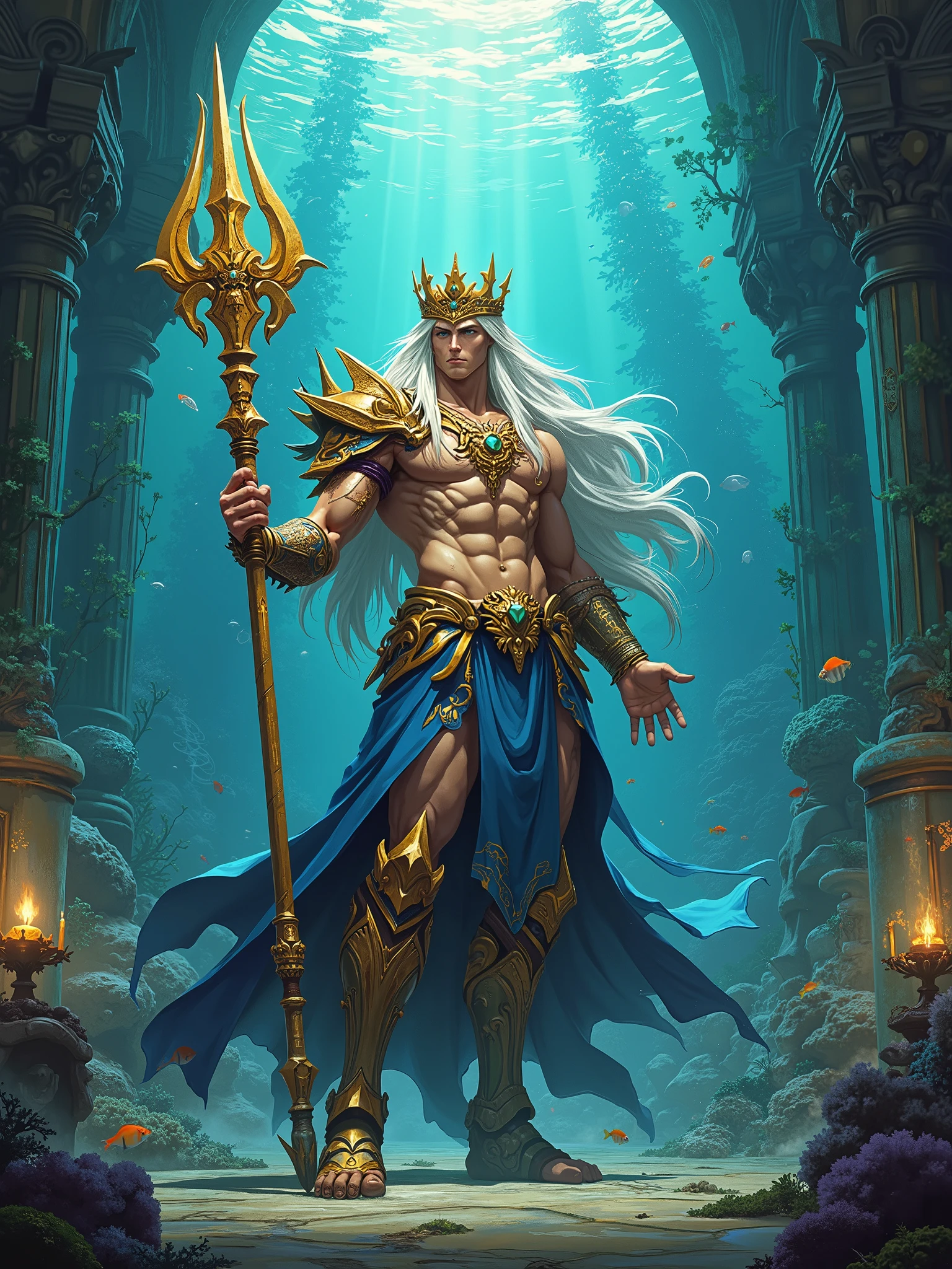 (masterpiece:1.2), (best quality:1.2)Arafed male with a golden crown and a golden staff, portrait of the Greek god Ares, portrait of the demigod Hercules, male warrior, legend of the crypts, attractive male deity, high quality fantasy art, muscular male hero, epic fantasy character art, image of an adult male warrior, legendary god holding spear,  attractive flesh male with armor