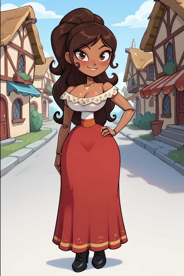 1girl, long hair, ponytail, joints, dark skin, Brown Hair, village, day, embarrassed face, smile, super blushing, Big breasts, dark skin, solo, 1 girl, looking at viwer, front view, standing, wood skin, necklace, cleavage, bare shoulders, off shoulder, white blouse, red skirt, Long skirt, black boots heels, Brown skin, pov front view, front view, sexy body, front view, pov front view, hand on hip