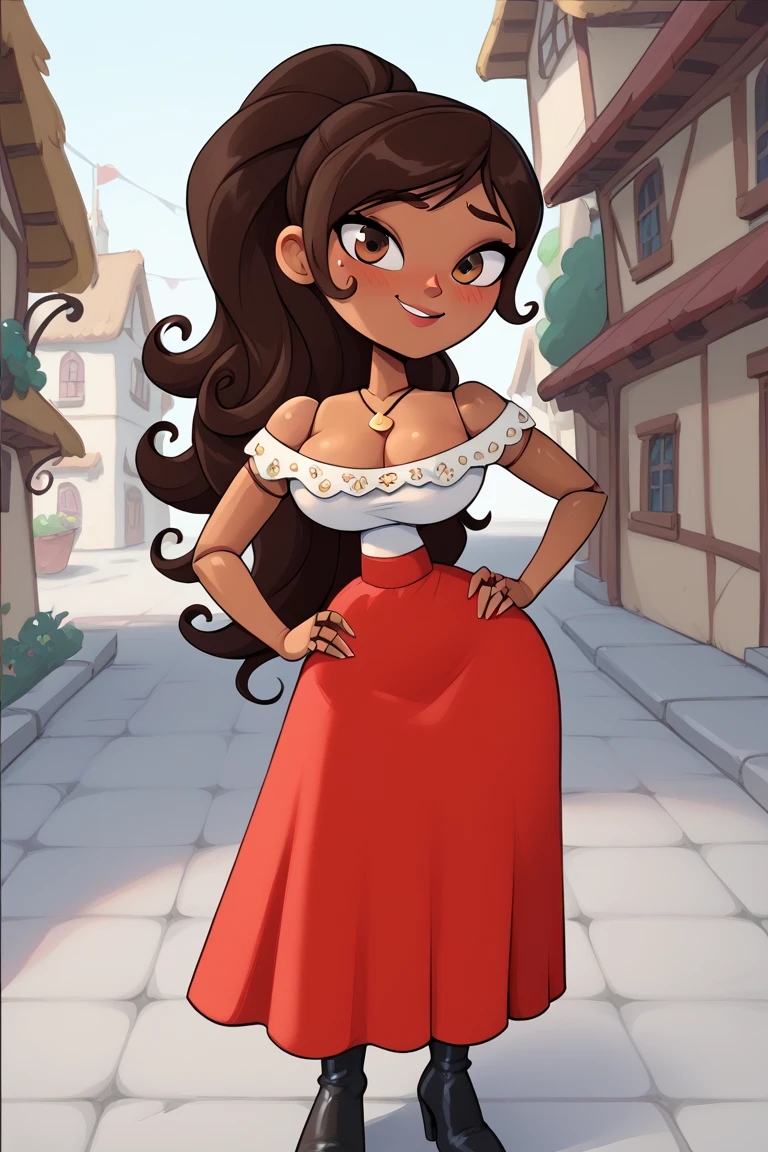1girl, long hair, ponytail, joints, dark skin, Brown Hair, village, day, embarrassed face, smile, super blushing, Big breasts, dark skin, solo, 1 girl, looking at viwer, front view, standing, wood skin, necklace, cleavage, bare shoulders, off shoulder, white blouse, red skirt, Long skirt, black boots heels, Brown skin, pov front view, front view, sexy body, front view, pov front view, hand on hip
