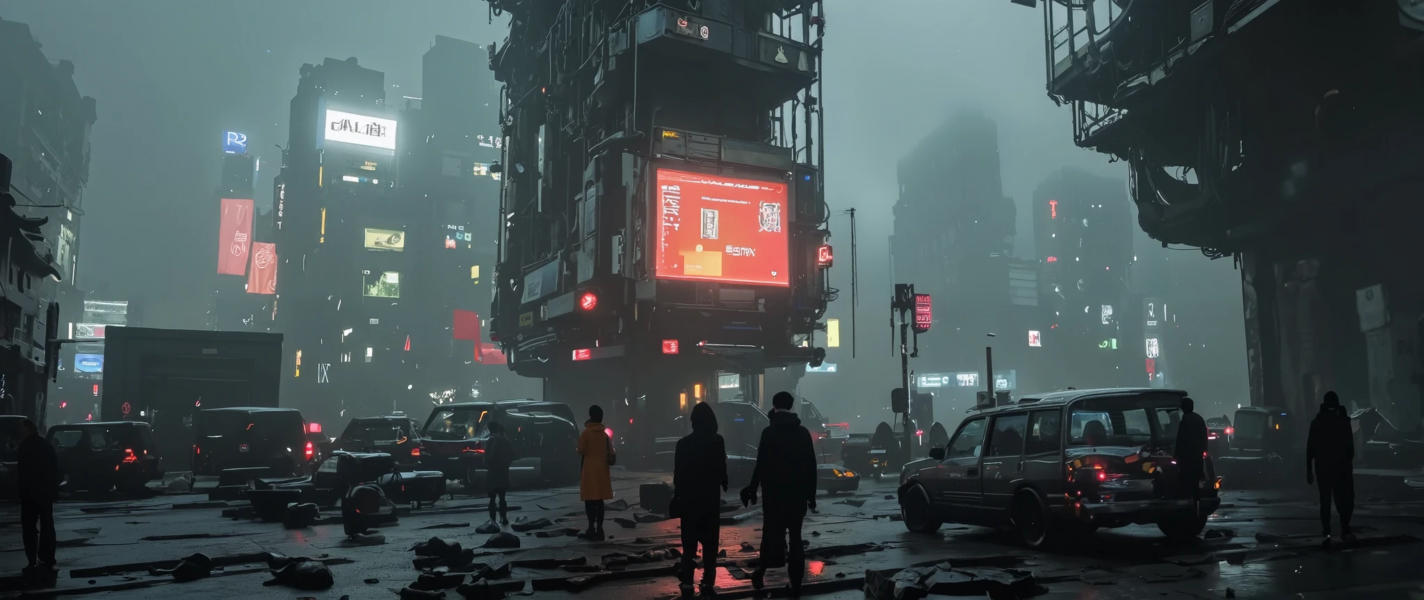 Apoclypse dark scifi antigravity floating dystopian brutalist city atmospheric view, snow storm, darkness,
