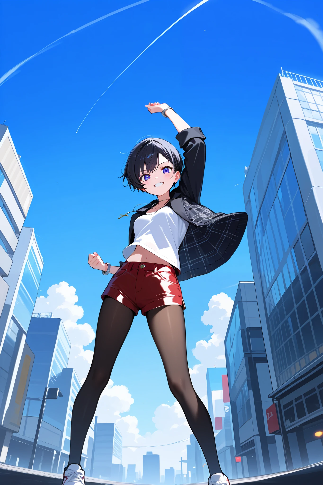 masterpiece, best quality, high quality, detailed, highly detailed, professional quality, BREAK, front view, BREAK, 1girl, slim, black hair, short hair, pixie cut, slant eyes, violet eyes, (small breasts : 1.2), beautiful breasts, BREAK, cropped shirt under open jacket, black jacket, tweed jacket, collared jacket, grey cropped shirt, midriff peek, shirt untucked, BREAK, red leather shorts, BREAK, sneakers, tights, BREAK, silver watch on left wrist, silver bracelet on right wrist, BREAK, cross necklace, necklace, BREAK, grin, determined, looking at viewer, standing, dynamic pose, posing, BREAK, blue sky, city, bustling Tokyo street