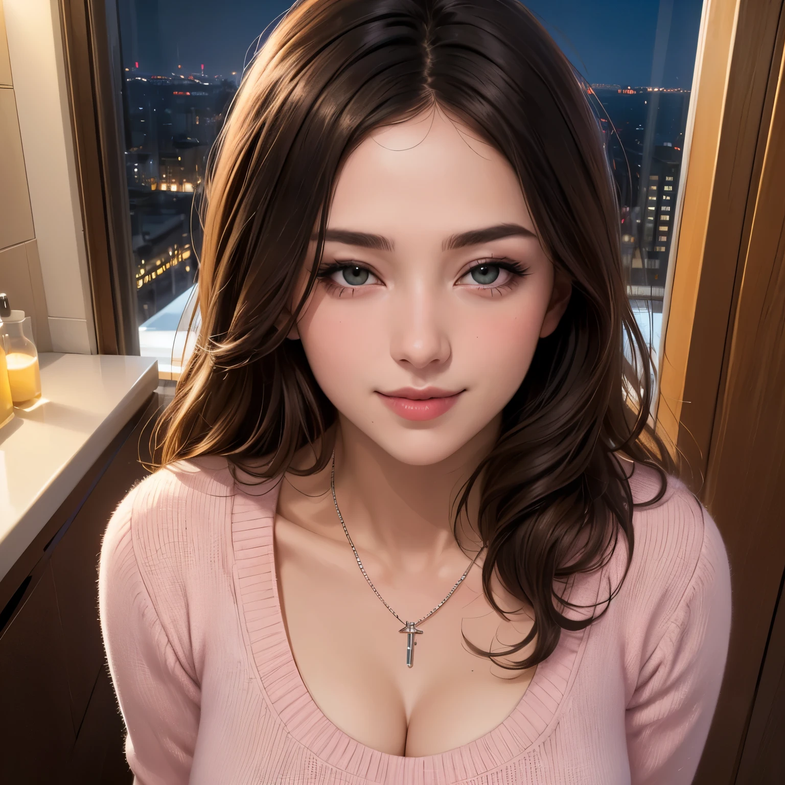 Amazing portrait of a nighttime with realistic light and the best quality and is a masterpiece showcasing a girl with a beautiful face who is a slim beauty with brown hair and medium breasts wearing a long pink sweater in the bathroom with her super fine face and delicate eyes and a smile and a necklace