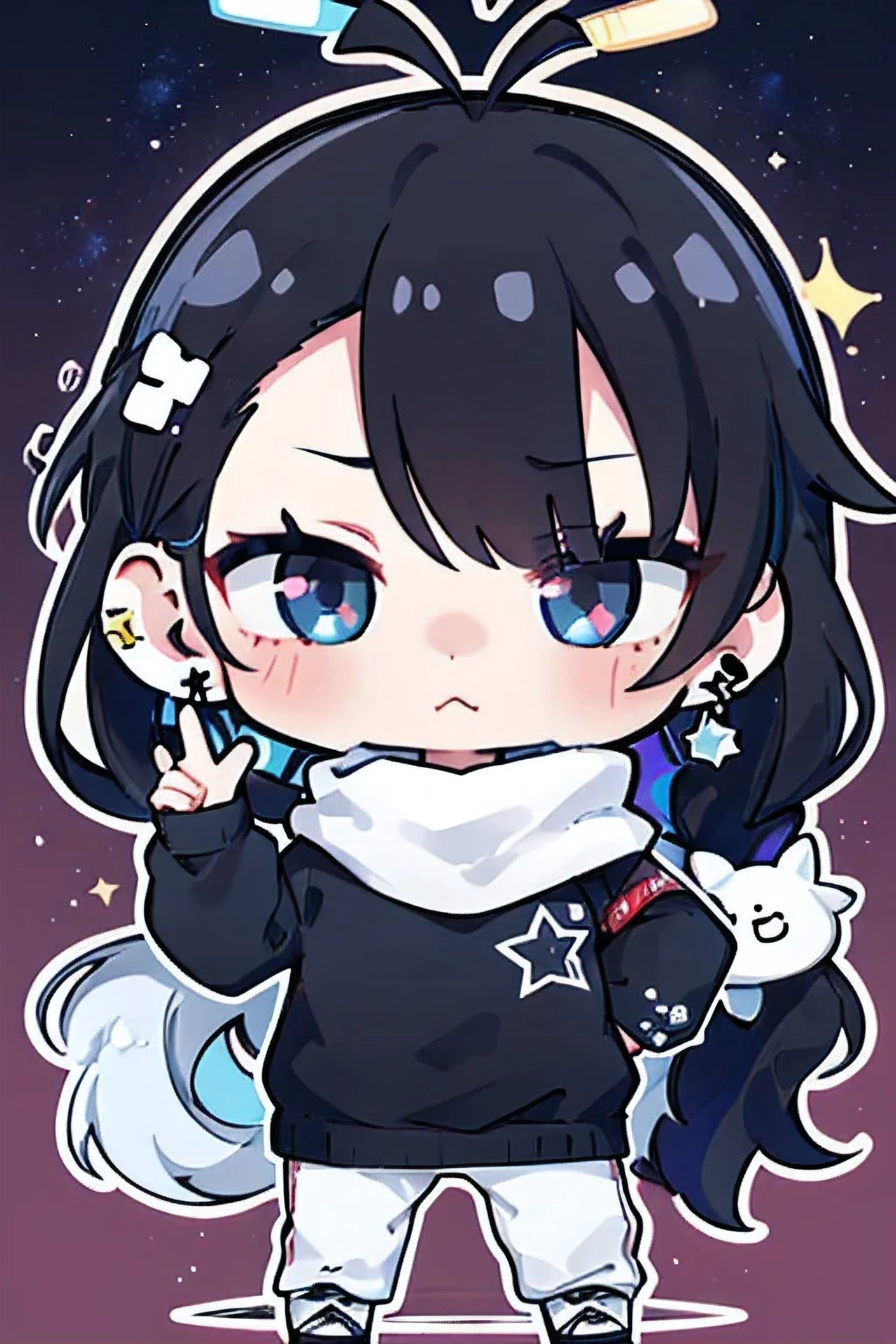 lots of chibis , galaxy eyes, black bluish multicolored hair, long hair, star galaxy eyes, confidence ,( white turtleneck sweater, sports pants, galaxy star earrings ), chibis wearing antenna, wearing funny cloths, connecting sky, wearing sunglasses, funny pose, dynamic action