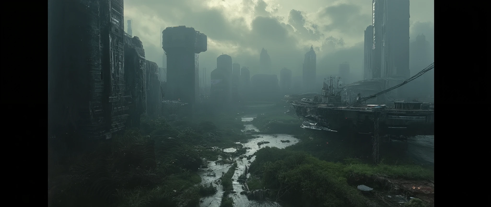 Apoclypse dark scifi antigravity floating dystopian brutalist city atmospheric view