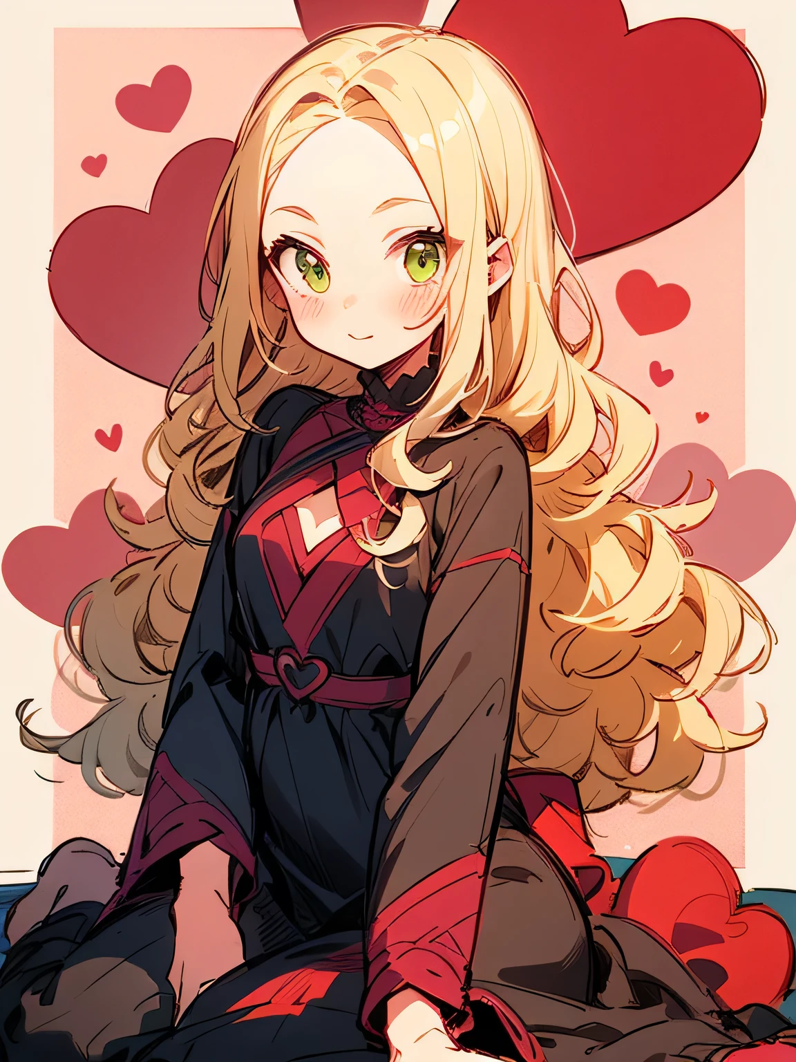 solo,(wariza),blonde curly long hair,forehead,lime green eyes,crimsonred ゴージャス dress,ValentinesDay,Quiron heart,rose,(manga style),(sketch),(illustration),マスターピース,ベストクオリティ,