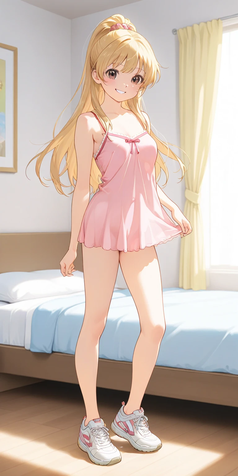 (superflat, flat shading, flat colors:1.1), 1girl, petite, young teen, slim, small breast, messy blonde hair, white crop top, (white panties), (white socks), smile, blush, sleepy, sitting on bed, awake, bedroom, bright sunlight, warm, best shadows, watercolor,