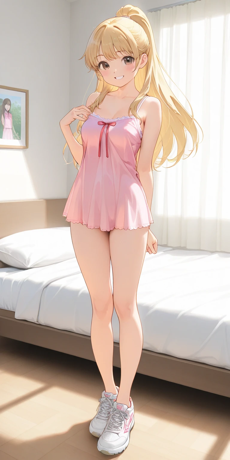 1 girl, alone, Minami fuyuki, ahoge, alone, blonde hair, smile, pink lingerie, 1 piece lingerie, room, bedroom, standing, dynamic pose, hands on hips dynamic angle, large breasts, medium waist, wide hips, wide thighs, (high resolution: 1.2), (ultra detailed: 1.2), [high dynamic range lighting], (masterpiece: 1.3), (best quality), high quality, intricate details, (extremely detailed CG unity 8k wallpaper: 1.2), best shadow, (extremely detailed fine touch: 1.2), (high resolution), (8K), (extremely detailed), looking at viewer, looking back, from behind, focus on ass, pov (from below) ,(4k), (pixiv), perfect face, pretty eyes and face, (super detailed), detailed face and eyes, textured skin, absurdities, high resolution, deep skin, skindentation, excellent hands, excellent anatomy