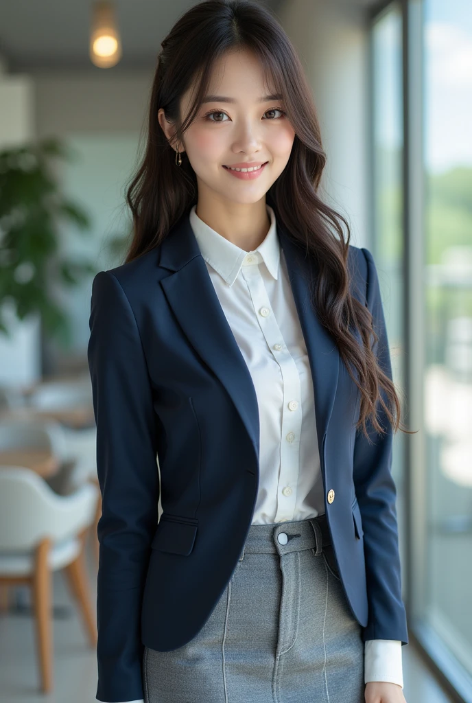 highest quality, Realistically, Very detailed, About pubic hair, High resolution, 8k wallpaper, One beautiful woman, Pink wet lips, Light brown messy hair, Wearing a suit, shirt, White Skirt, Lock focus, Perfect dynamic composition, Beautiful Eyes, Delicate Hair, Detailed Realistically skin texture, smile, Close-up portrait, Model Body Type, On the open terrace of the cafe, Blurred Background, (Full Body Shot), Take photos from a distance, Random body orientation,Sit on a chair