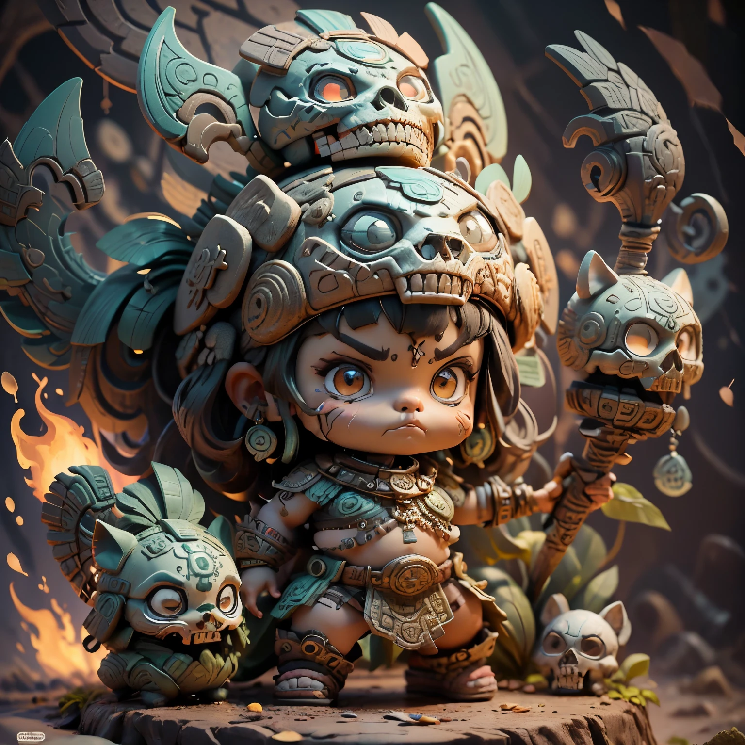 (best quality, cute, well detailed, dreamworks pixar style:1.1), an vinilo art toy cut anda tender mini chibi Aztek Warrior appearance Tezcatlipoca, Tlaloc mask, with jaguar helmet, skull face, con rasgos de enojado in a dark environment with directed ligh, sintetic detailed, rounded forms, black and gray colors, Silver detail and jewelry, bokeh, studio lighting, dinamic and fighter pose with macahuitl, Funky punky Munny tokidoky puc, fondo neutro neutral background