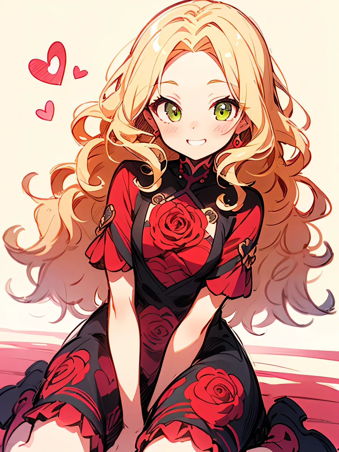 Alone,( wariza),blonde curly long hair,forehead,lime green eyes, beautiful adult woman smiling,crimsonred ゴージャス dress,ValentinesDay,Quiron heart ,rose,( manga style),(sketch),(illustration), masterpiece , best quality,
