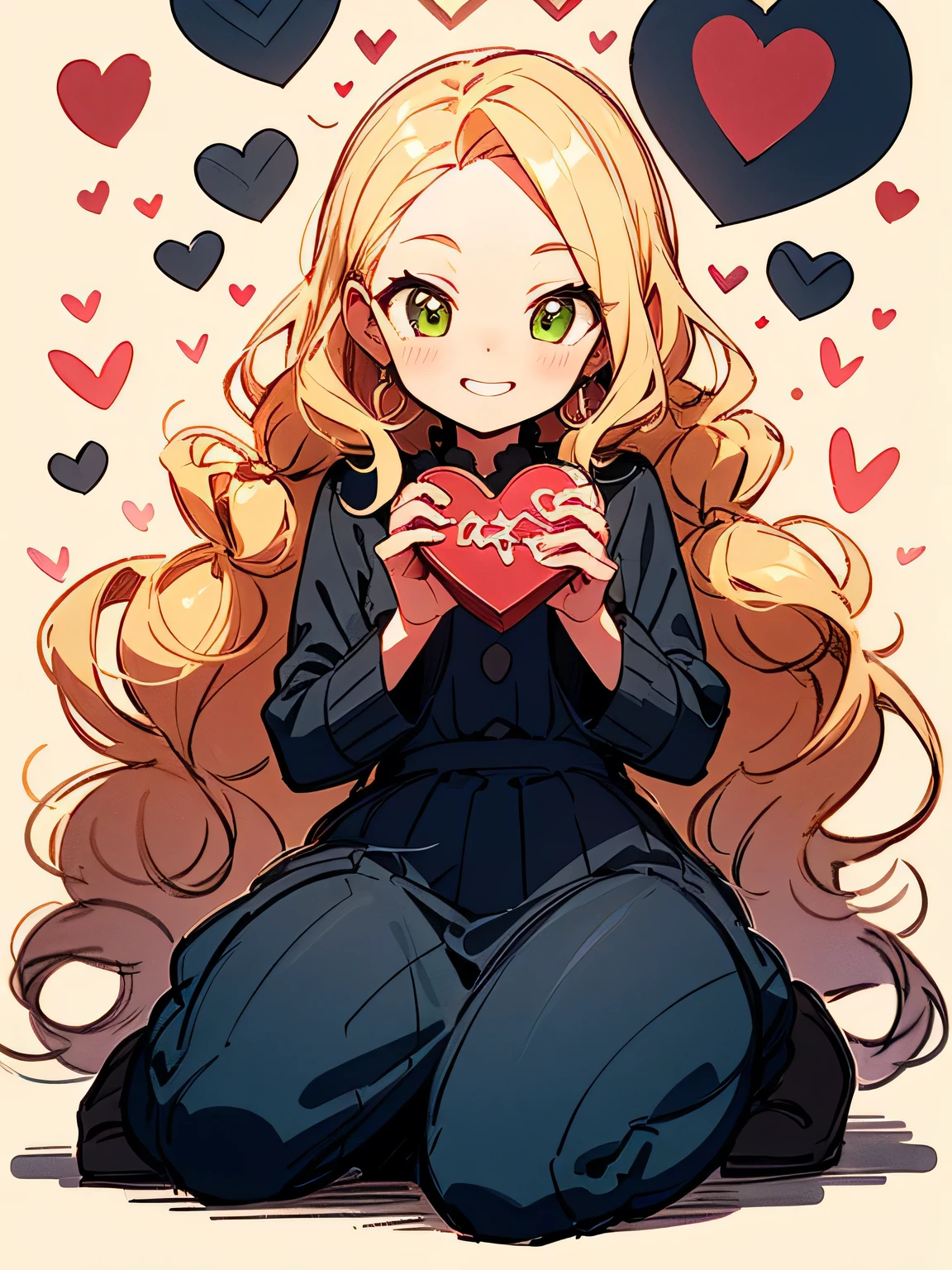 Alone,( wariza),blonde curly long hair,forehead,lime green eyes, beautiful adult woman smiling,crimsonred ゴージャス dress,ValentinesDay,Quiron heart ,rose,( manga style),(sketch),(illustration), masterpiece , best quality,