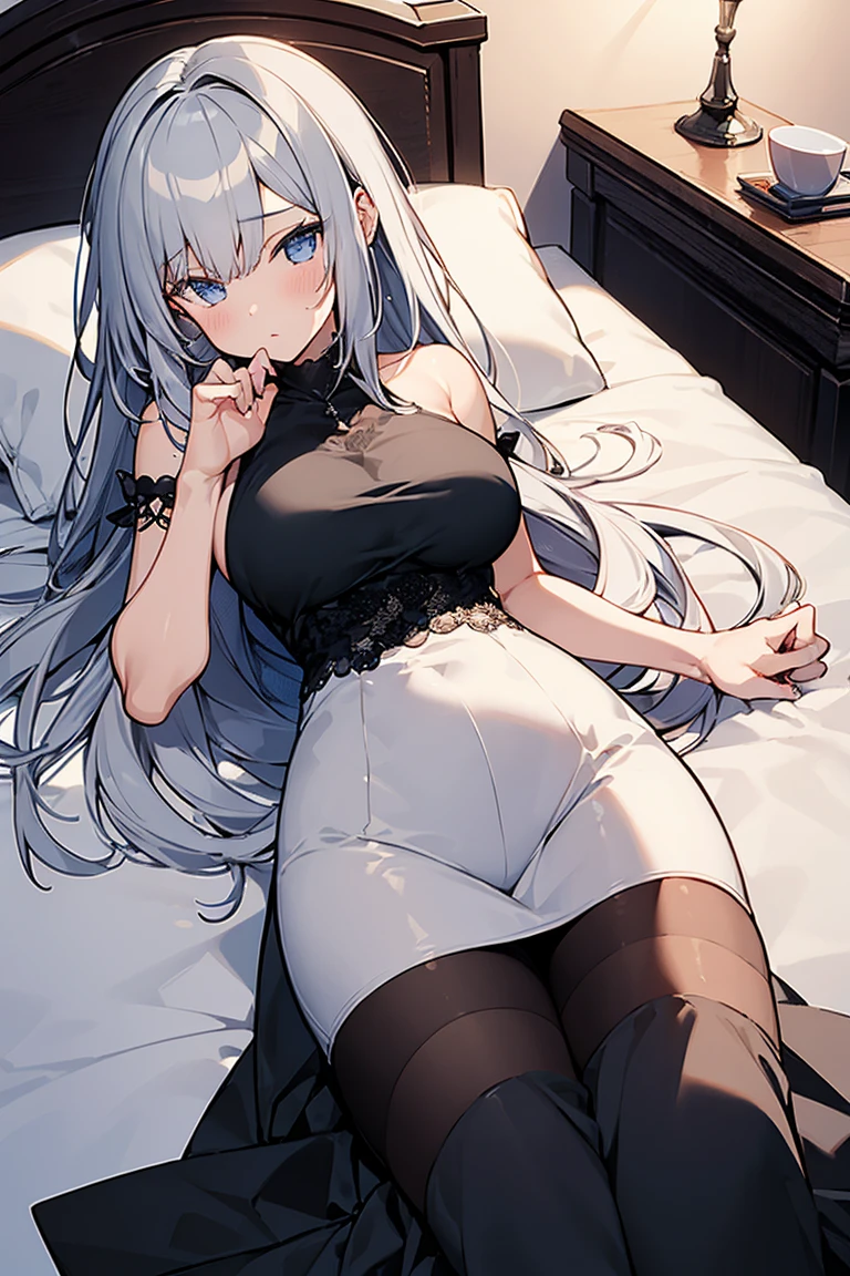 A succubus girl with long white hair，Red eyes lying on the bed，wearing black lace bra, Black pantyhose, Black lace panties，high-heels，There are no extra limbs！ Correct limbs！