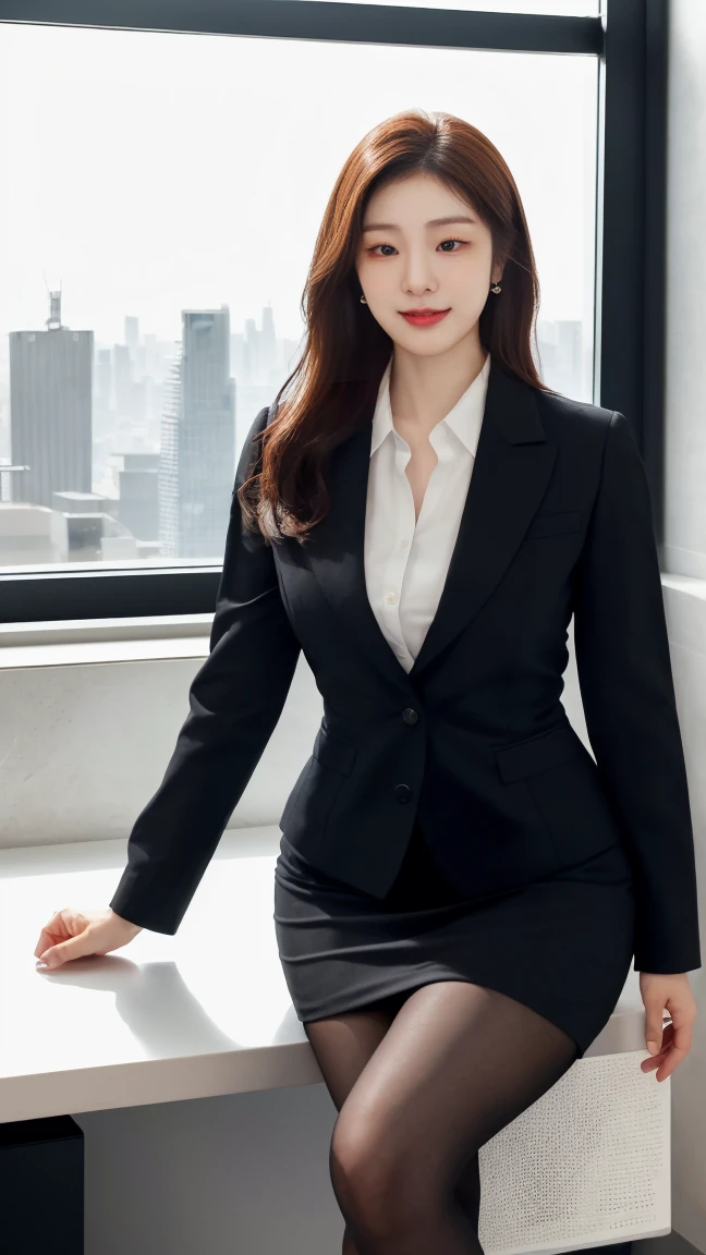 Classy upper class elite woman in business suit, Wearing a strict business suit, Wearing pantyhose、Wear high-end high heels、 Girl in a suit, Wearing a business suit, Wearing a business suit, in a business suit, businesswoman, business clothes, wearing black business suit, wearing jacket and skirt, Woman in business suit, Business attire, business outfit, luxurious suit、raw,(8K、top-quality、masterpiece:1.2)、(intricate detailes:1.4)、(Photorealsitic:1.4)、octane renderings、Complex 3D rendering ultra detail, Studio Soft Light, Rim Lights, vibrant detail, super detailing, realistic skin textures, Detail Face, Beautiful detail eyes, Very detailed CG Unity 16k wallpaper, make - up, (detailedbackground:1.2), Exposed thighs!!!,