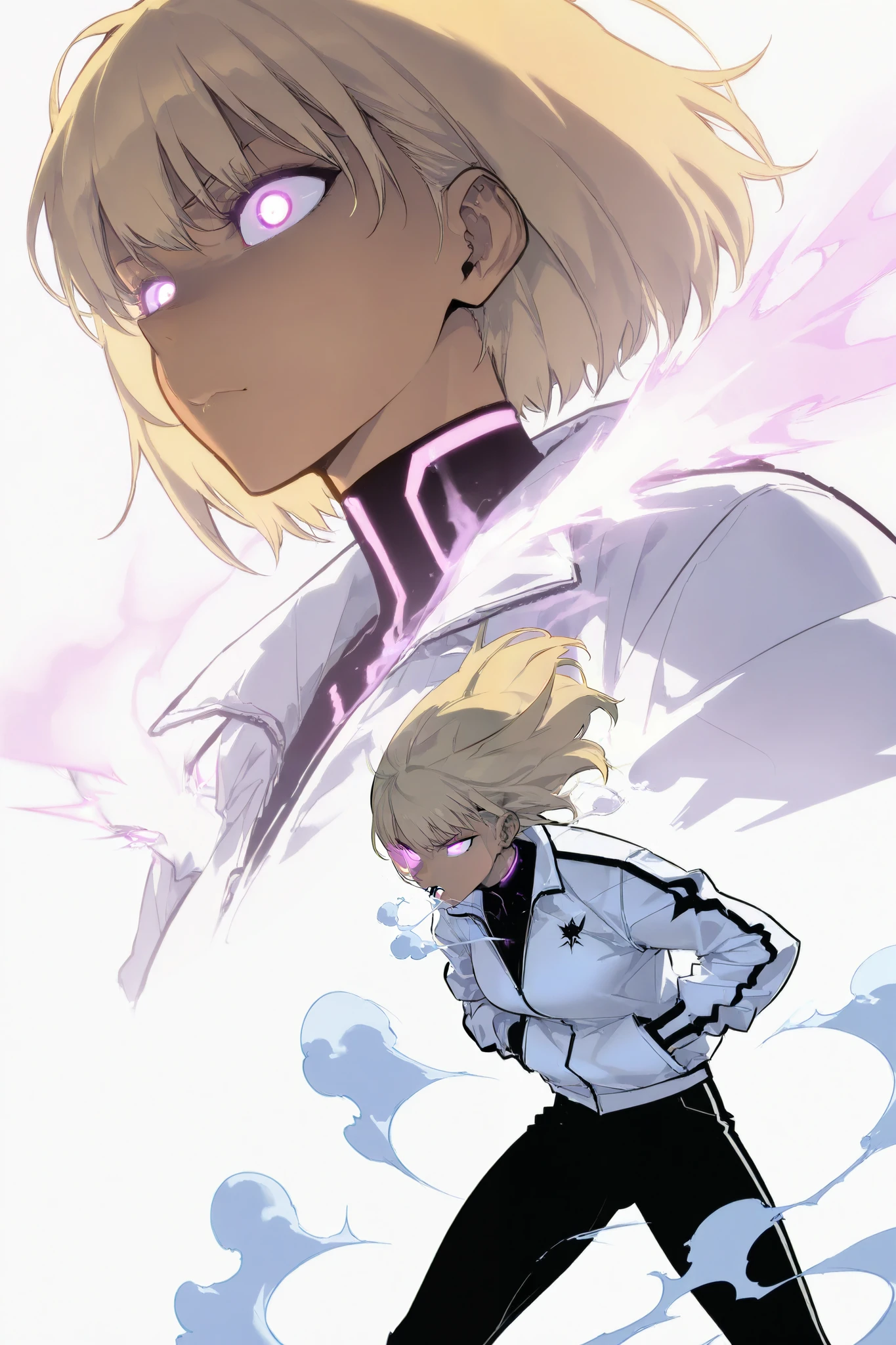 Athletic woman in futuristic fantasy clothes, blonde hair , purple eyes, glowing eyes, tan, tight white jacket, black pant, ice power, steam coming out of her mouth, intricate pencil sketch, expressive eyes and nose and mouth, un-zoom, highly detailed, dynamic pose, white background, Hans in pockets, upperbody