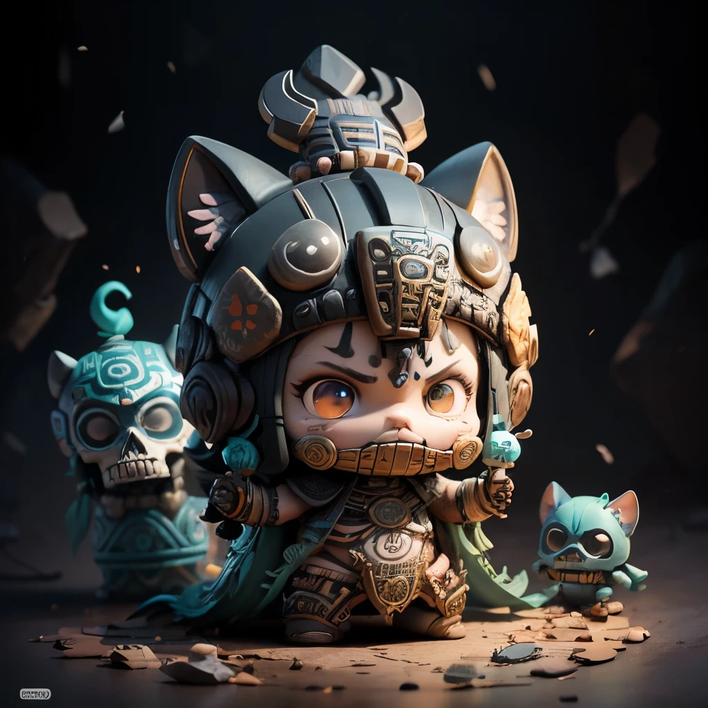 (best quality, cute, well detailed, dreamworks pixar style:1.1), an vinilo art toy cut anda tender mini chibi Aztek Warrior appearance Tezcatlipoca, Tlaloc mask, with jaguar helmet, skull face, con rasgos de enojado in a dark environment with directed ligh, sintetic detailed, rounded forms, black and gray colors, bokeh, studio lighting, dinamic pose with macahuitl, Funky punky Munny tokidoky puc, fondo neutro neutral background
