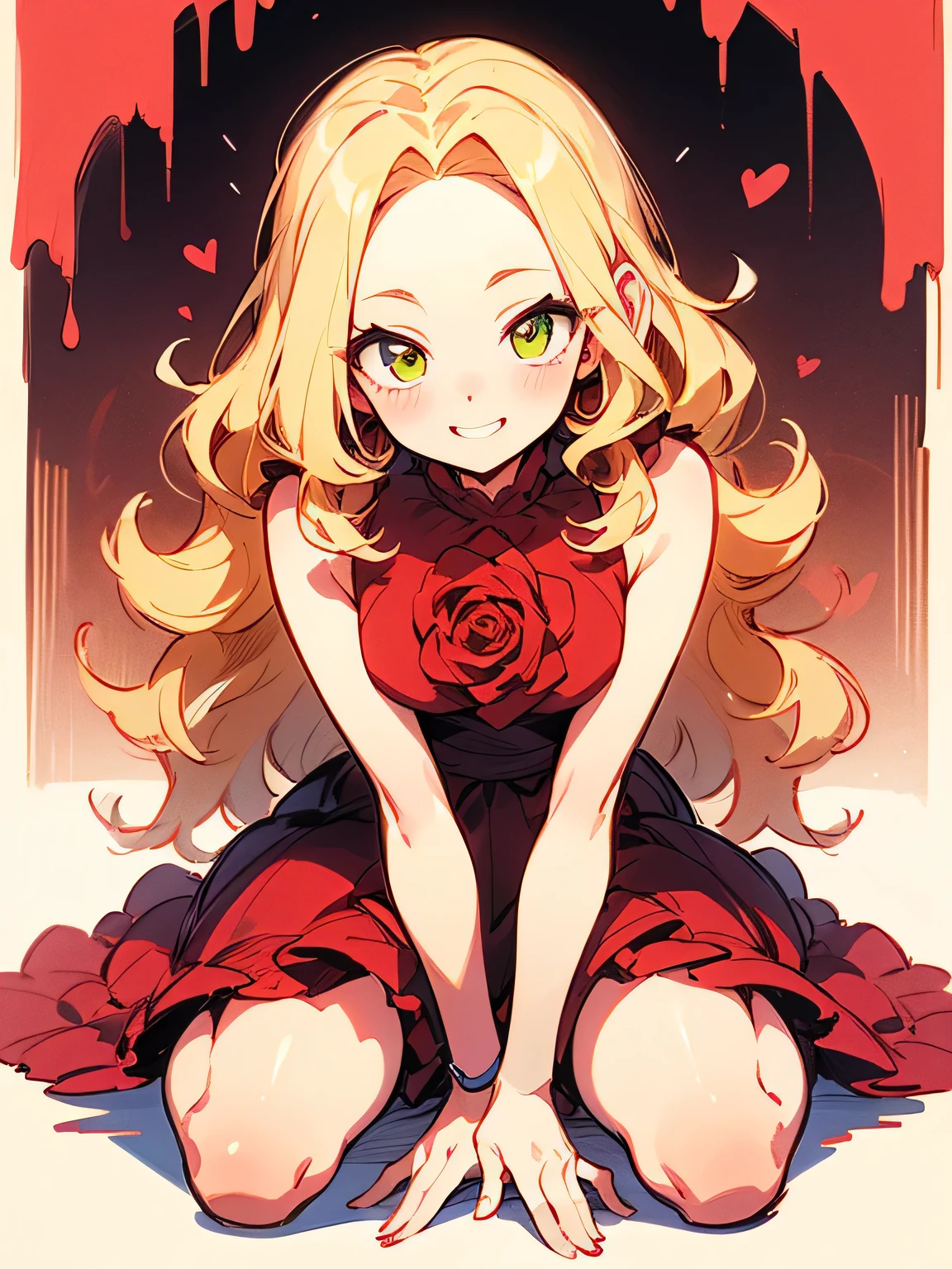 Alone,( wariza),blonde curly long hair,forehead,lime green eyes,abult woman face, beautiful adult woman smiling,crimsonred ゴージャス dress,ValentinesDay,Quiron heart ,rose,( manga style),(sketch),(illustration), masterpiece , best quality,