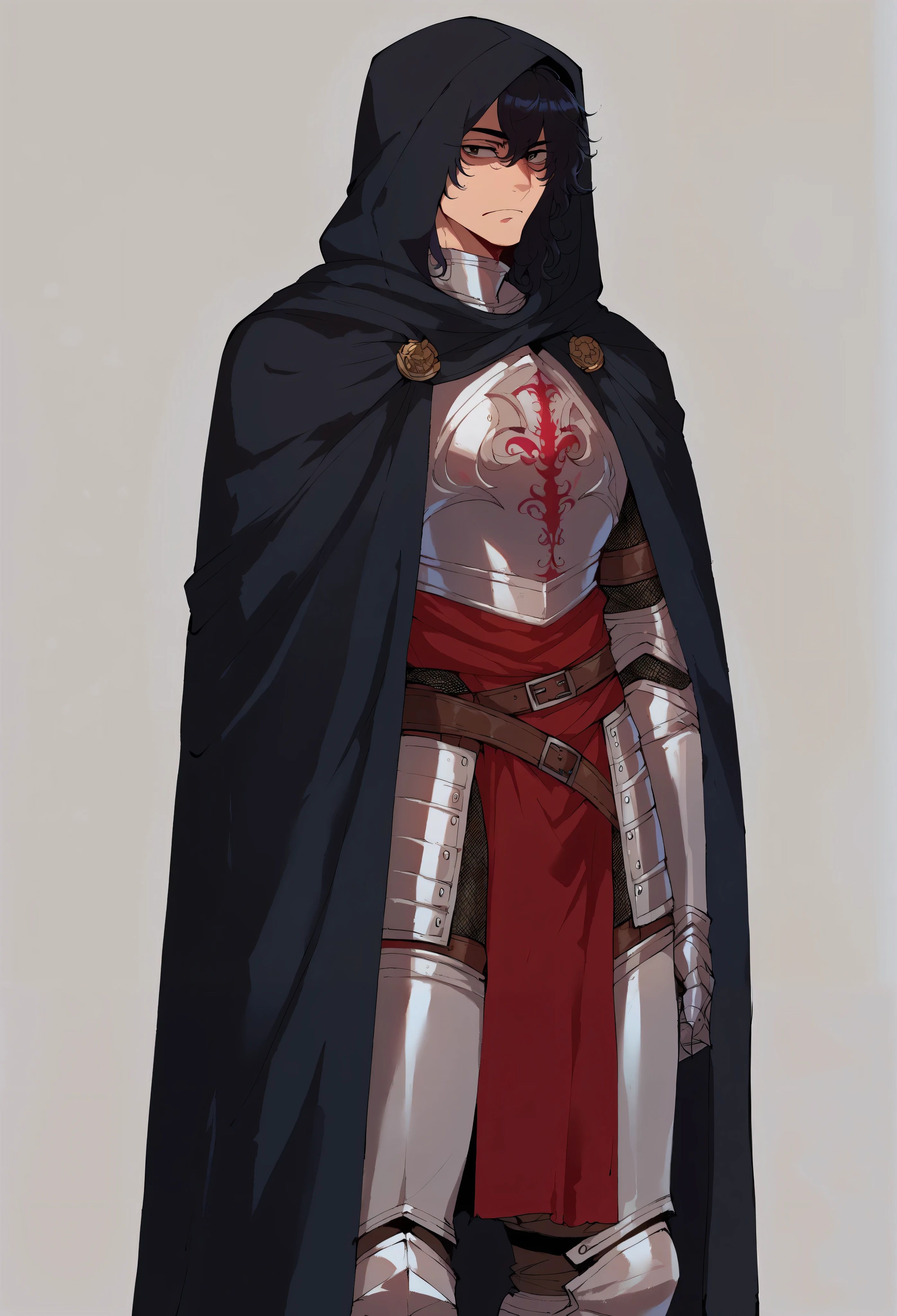 ((male)), ((solo)), medieval knight, fair white skin, athletic and muscular build, short disheveled black hair, black eyes, half-closed tareme eyes, wearing detailed plate armor, black hooded cloak, anime style, sharp and defined features, focused and serious expression, cowboy shot, Nyantcha Style,