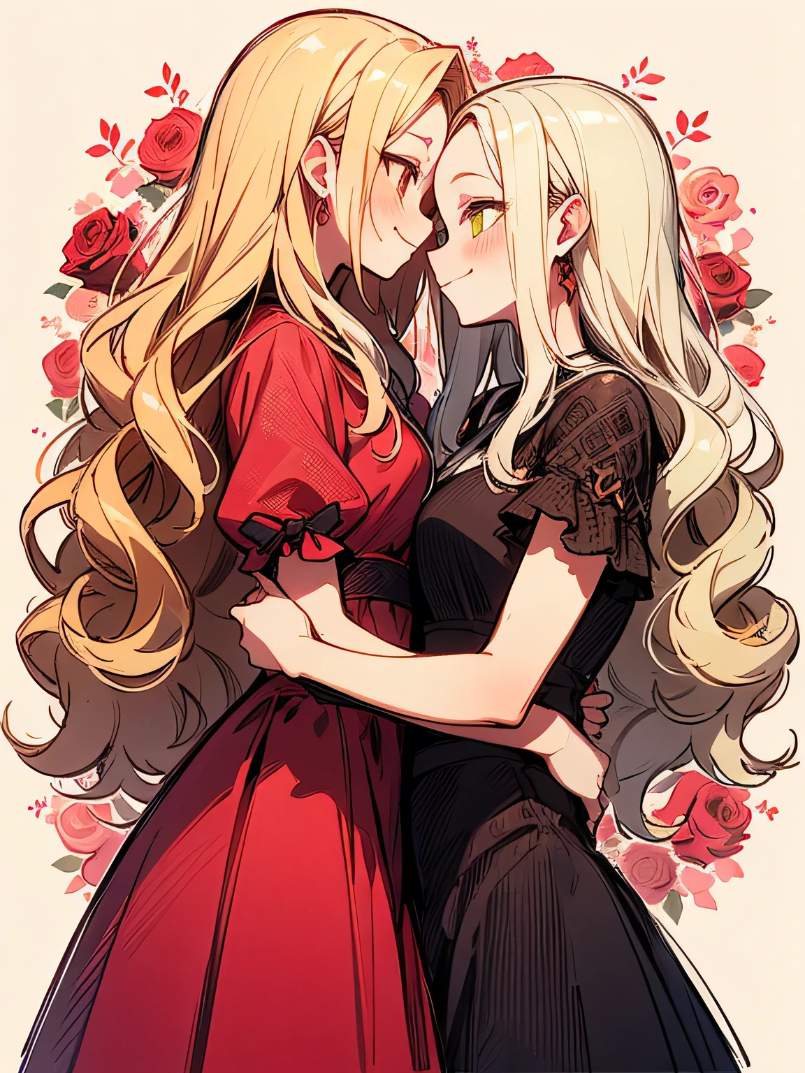 Alone,sideview,( wariza),blonde curly long hair,forehead,lime green eyes,abult woman face, beautiful adult woman smiling,crimsonred ゴージャス dress,ValentinesDay,Quiron heart ,rose,( manga style),(sketch),(illustration), masterpiece , best quality,