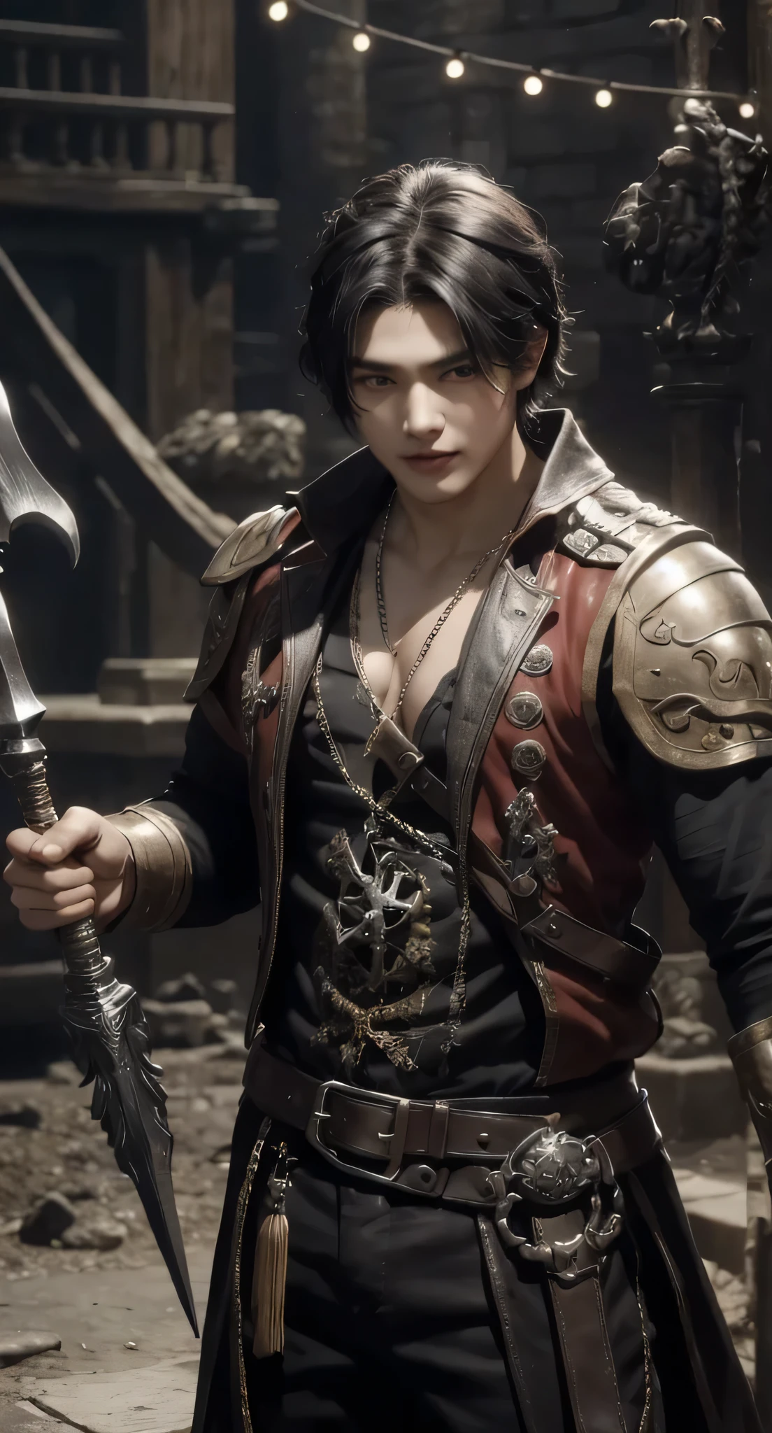 Unreal Engine, boy, idol, laugh, 붉은 pirate 의상 , Korean , black hair , black eye, handsome, pretty, young, Medieval Background , comes out , I'm lowering my hand , Short Hair , sharp eyes, muscular body, handsome 얼굴, Spear, pirate