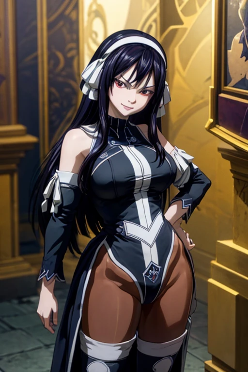 masterpiece, best quality, high quality details, 1girl, solo, breast, long hair, dress, purple eyes, very long hair, black hair, choker, collarbone, fingerless gloves, smile, bracelet, armor, upper body, breastplate, cleavage, necklace, jewelry, smile,