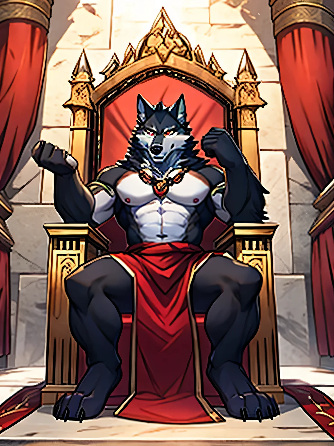 Solo, male, king sitting on throne, throne room background, bulge, by bigcozyorca, by goonie-san, by bebebebebe, by spikedmauler, front view, big buff , wolf,  midnight black fur, bushy tail, buff, wearing crown 👑 and loincloth, steam, panting, blush, hearts, stoic expression, hard cock, boner, throbbing boner, older, sexy pose, beard, massive bulge, throbbing movement around cock, looking at viewer, close up, cock detailed outline, on top of viewer, underwear cock outline, exposing boner, dad, dad bod, daddy